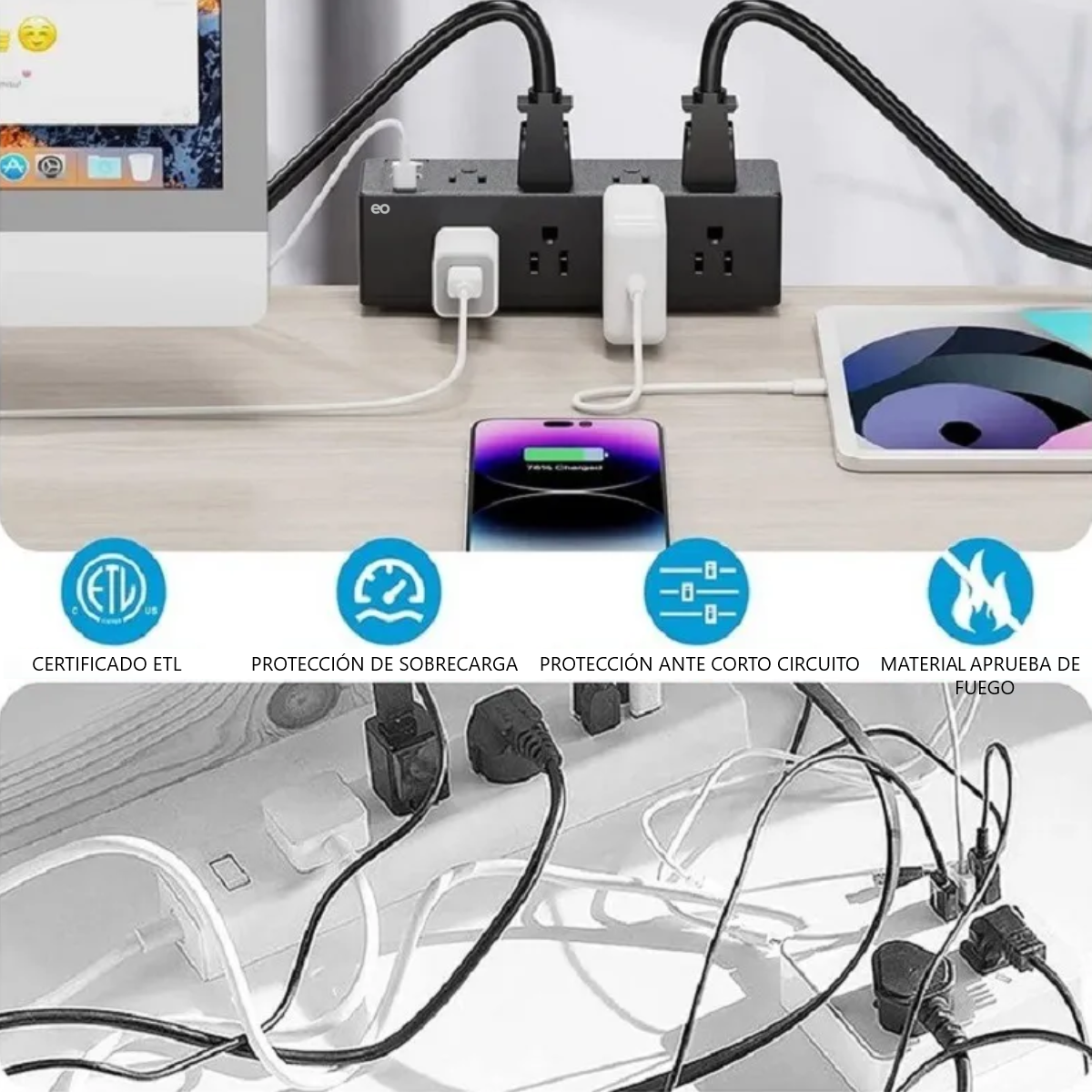 Foto 4 pulgar | Abrazadera De Computadora Regleta De Alimentación Con Usb C, Multicontacto Eo Safe Imports Esi-19118 Negro