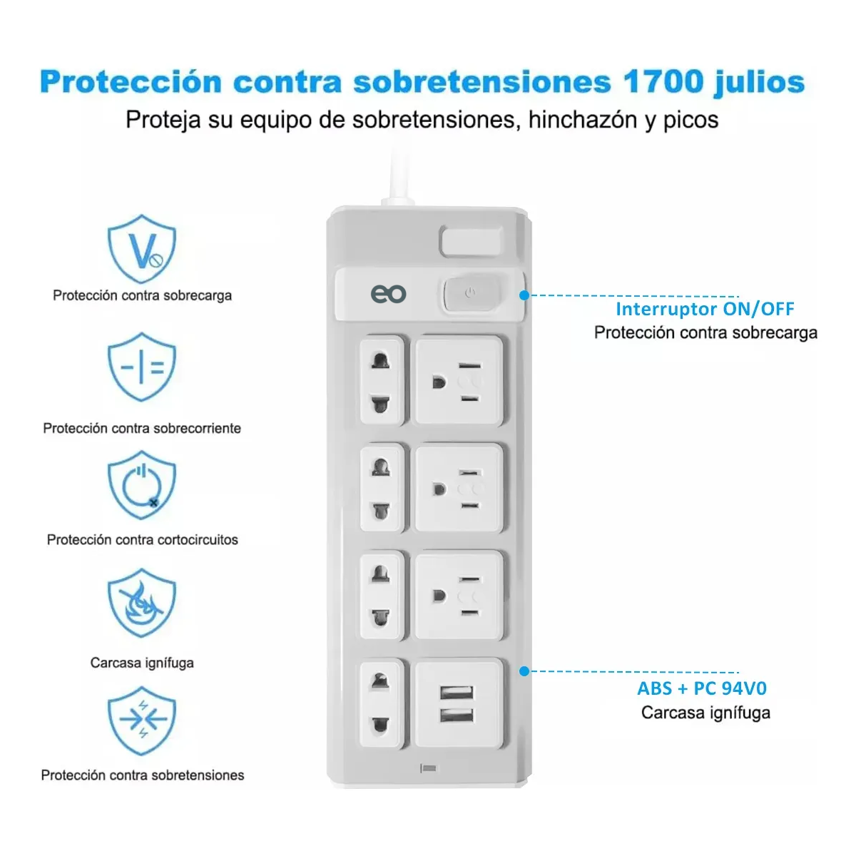 Foto 4 pulgar | Extensión Multi Contacto, 2 Puertos Usb, 7 Contactos, Switch Eo Safe Imports Esi-19119 Blanco