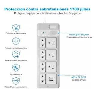 Foto 3 | Extensión Multi Contacto, 2 Puertos Usb, 7 Contactos, Switch Eo Safe Imports Esi-19119 Blanco