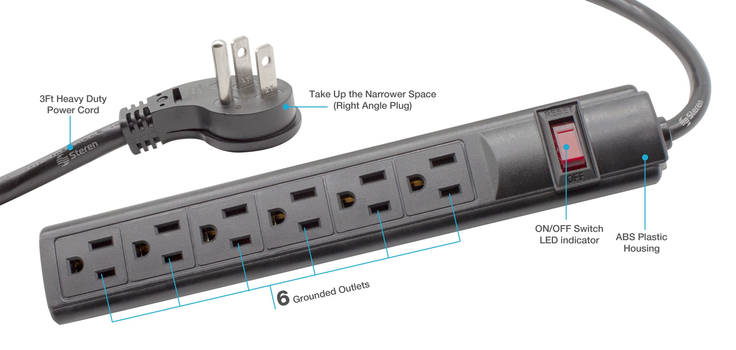 Foto 3 pulgar | Power Strip Steren De 6 Salidas Con Enchufe De 90 Grados, Cable De 3 Pies - Venta Internacional.