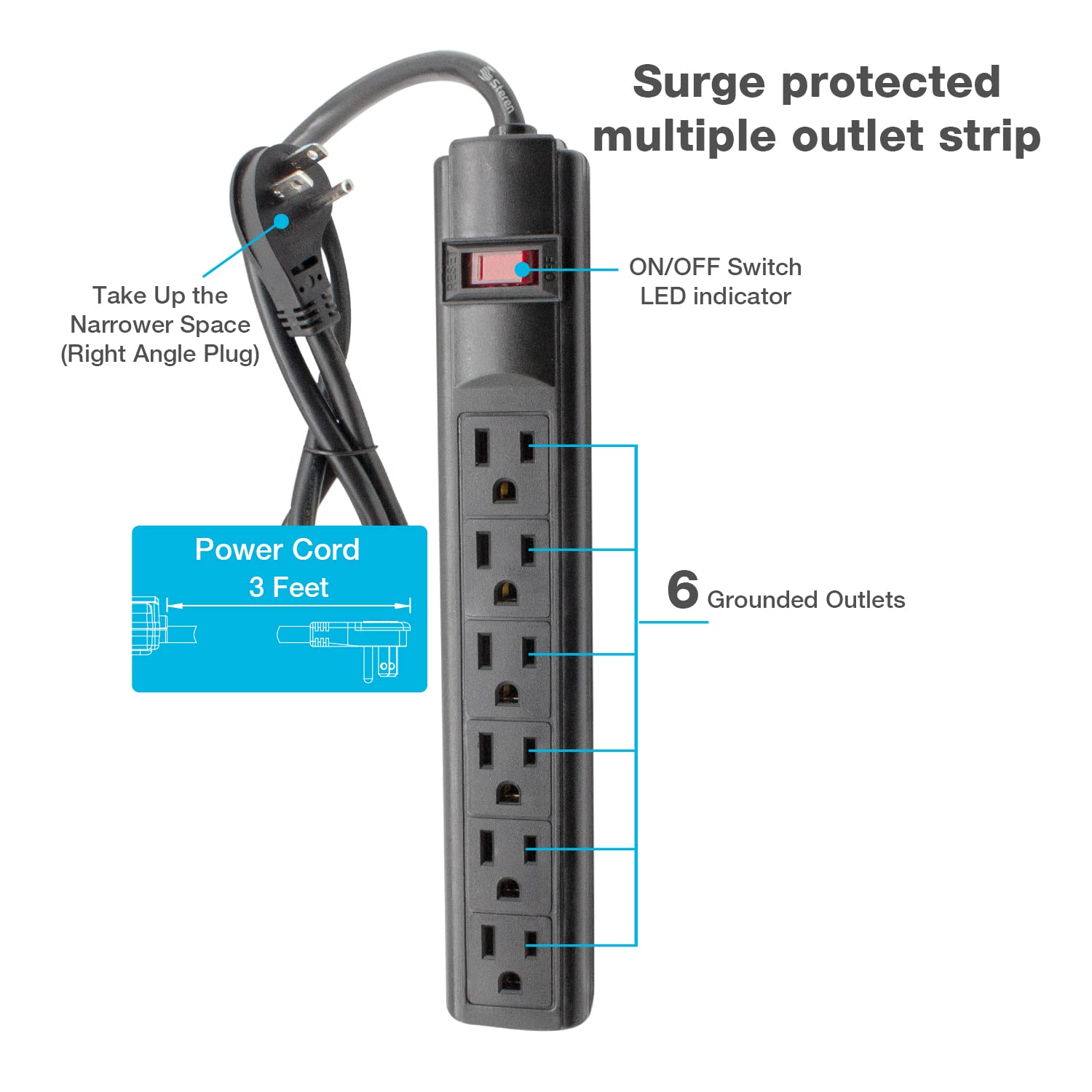 Foto 4 pulgar | Power Strip Steren De 6 Salidas Con Enchufe De 90 Grados, Cable De 3 Pies - Venta Internacional.