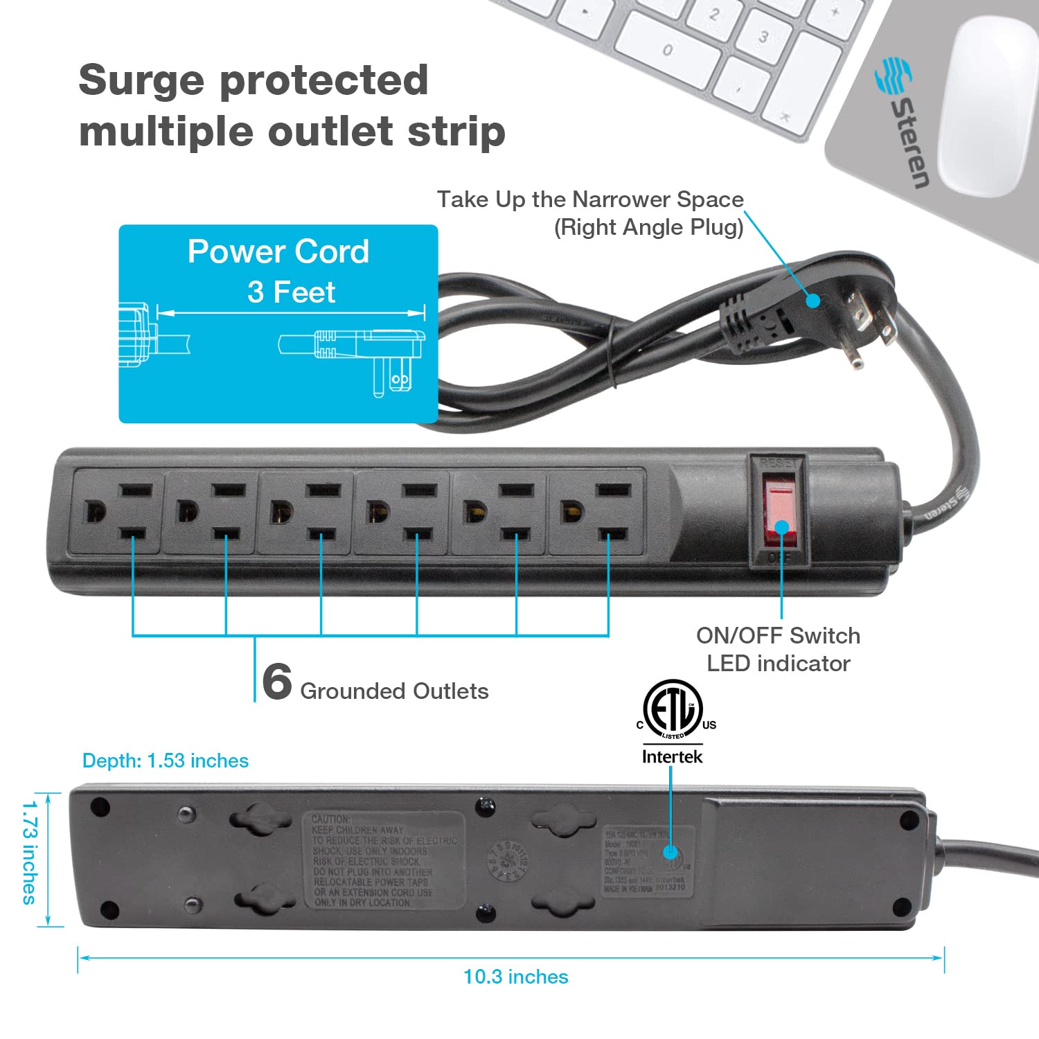 Foto 7 pulgar | Power Strip Steren De 6 Salidas Con Enchufe De 90 Grados, Cable De 3 Pies - Venta Internacional.