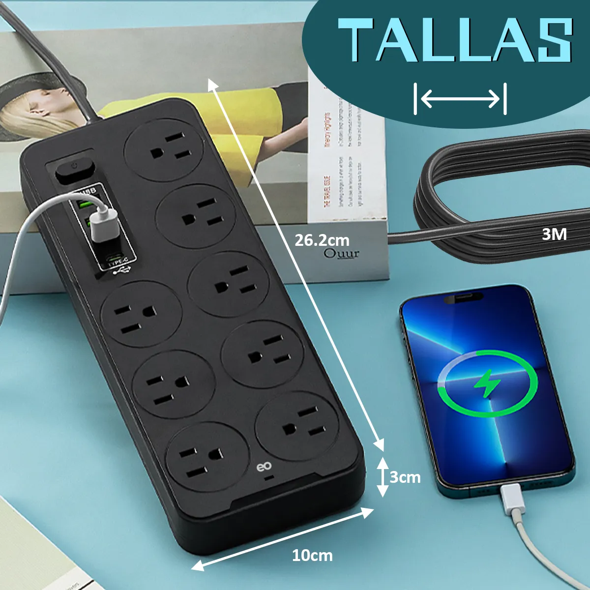 Foto 2 | 3 Multicontactos Usb 2500w,3m Cable 8 Salidas+3 Usb+1 Tipo C Eo Safe Imports Esi-19117 Negro