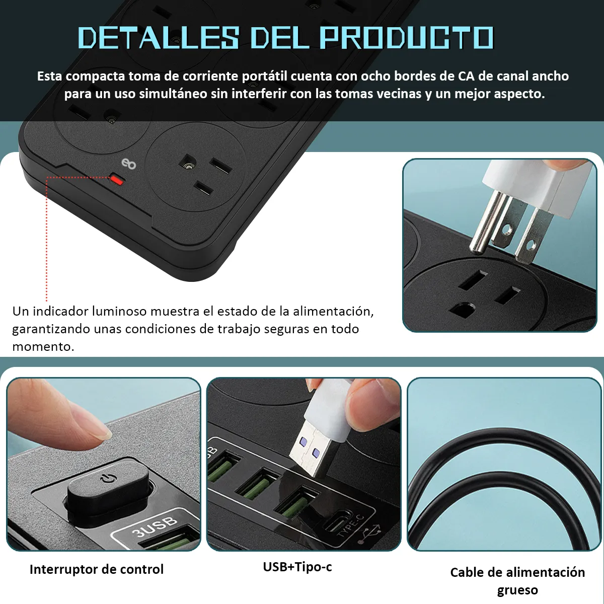 Foto 3 | 3 Multicontactos Usb 2500w,3m Cable 8 Salidas+3 Usb+1 Tipo C Eo Safe Imports Esi-19117 Negro