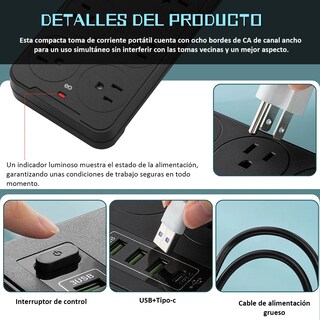 Foto 3 | 3 Multicontactos Usb 2500w,3m Cable 8 Salidas+3 Usb+1 Tipo C Eo Safe Imports Esi-19117 Negro