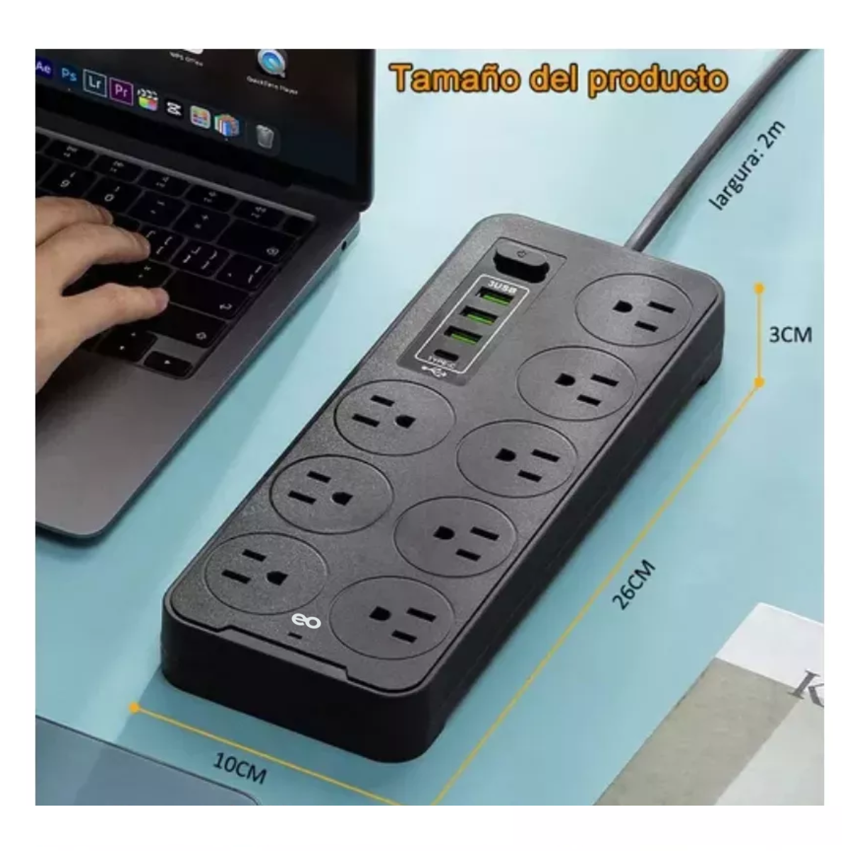 Foto 3 pulgar | Multicontactos Usb 2500w Cable De Cobre De 2 Metros, 2 Piezas Eo Safe Imports Esi-19116 Negro