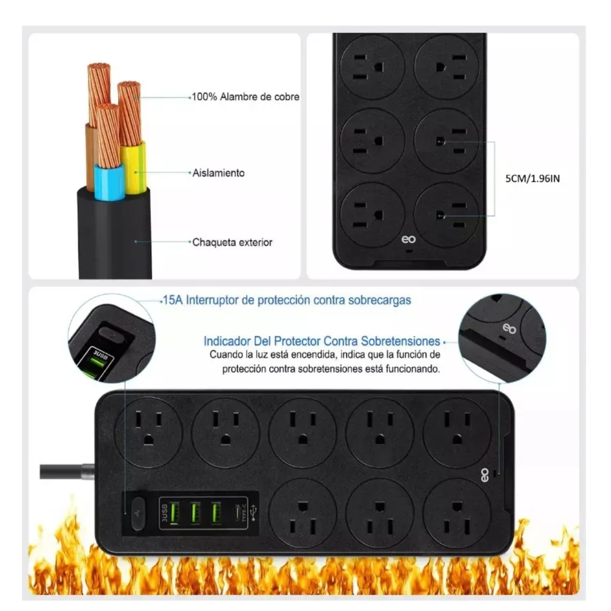 Foto 4 pulgar | Multicontactos Usb 2500w Cable De Cobre De 2 Metros, 2 Piezas Eo Safe Imports Esi-19116 Negro