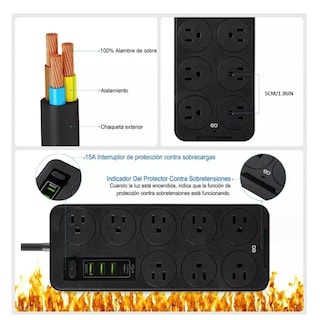 Foto 3 | Multicontactos Usb 2500w Cable De Cobre De 2 Metros, 2 Piezas Eo Safe Imports Esi-19116 Negro