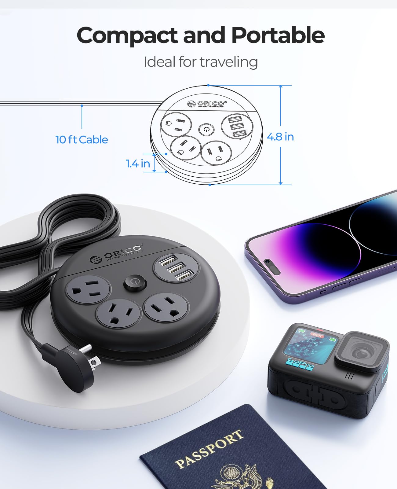 Foto 7 | Regleta De Alimentación Orico Redonda Con 3 Puertos Usb, 3 Salidas, Cable De 3 M - Venta Internacional.
