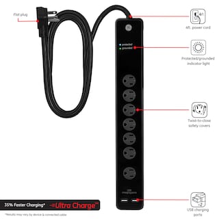 Foto 2 | Protector Contra Sobretensiones Ge Power Strip De 7 Salidas, 2 Usb 1500j, Cable De 4 Pies - Venta Internacional.