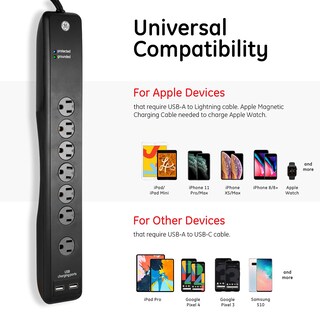 Foto 3 | Protector Contra Sobretensiones Ge Power Strip De 7 Salidas, 2 Usb 1500j, Cable De 4 Pies - Venta Internacional.