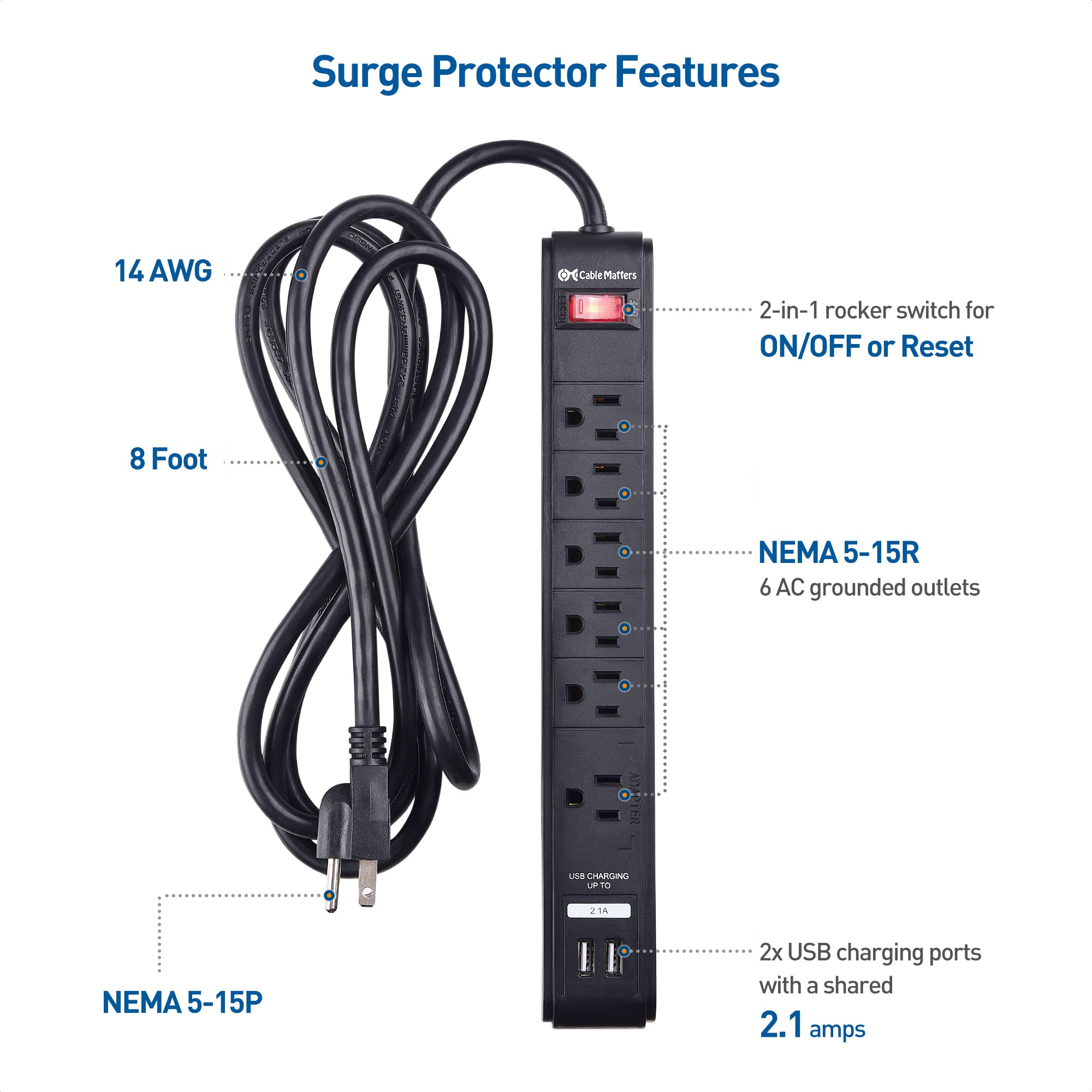Foto 3 pulgar | [power Strip] Protector Contra Sobretensiones Cable Matters, Paquete De 2 Unidades Y 6 Salidas - Venta Internacional.