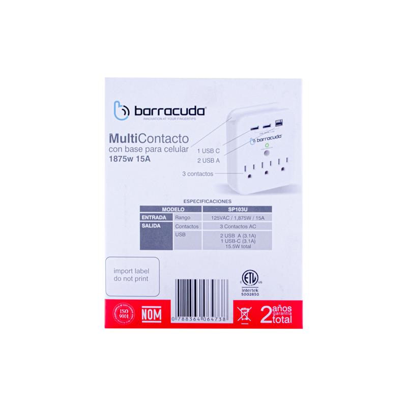 Foto 8 pulgar | Multicontacto Barracuda Sp103u 3 Contactos, 2 Usb A, 1 Usb C