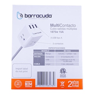 Foto 8 | Multicontacto Barracuda Mc103u Cubo 3 Contactos + 3 Usb A