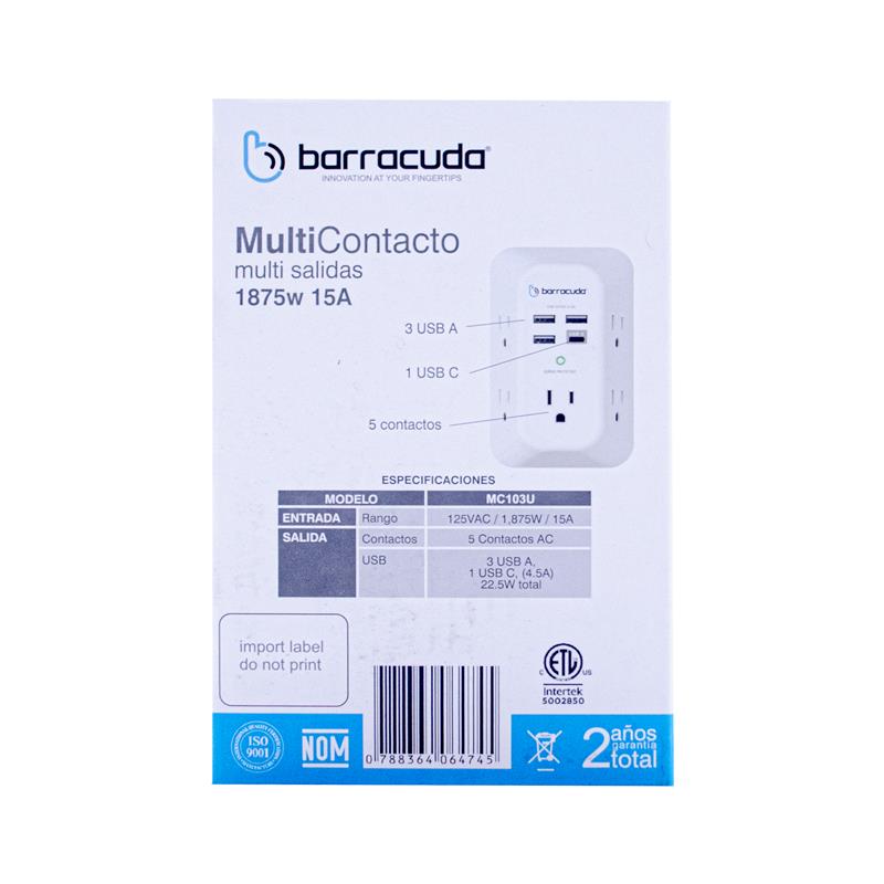 Foto 7 pulgar | Multicontacto Barracuda Sp105u 5 Contactos, 3 Usb A, 1 Usb C