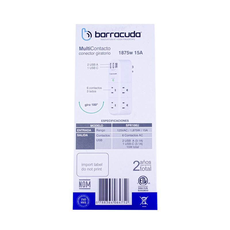 Foto 5 | Multicontacto Barracuda Spr106u, 6 Tomas, 2 Usb A, 1 Usb C 3