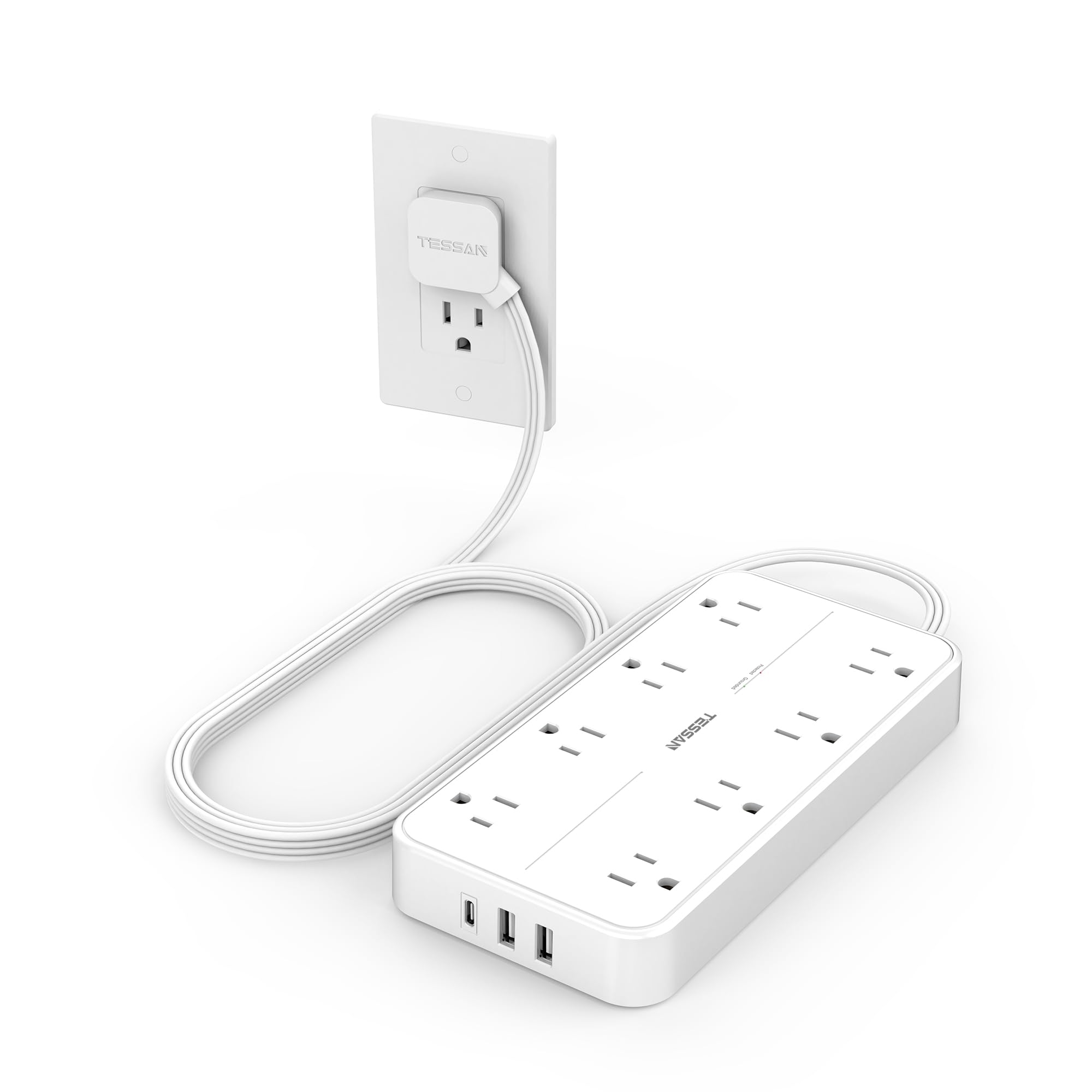 Power Strip Tessan Con 8 Salidas Y 3 Puertos Usb, Protección Contra Sobretensiones - Venta Internacional.
