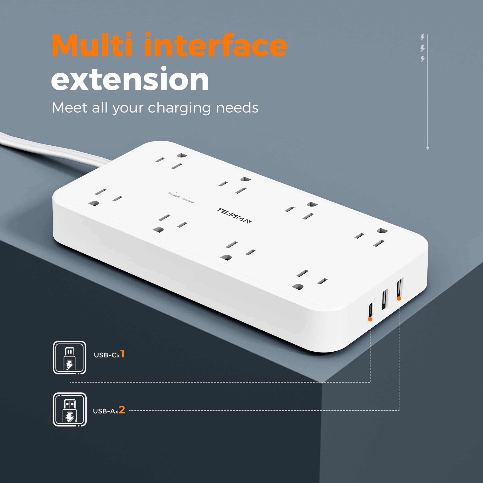 Foto 5 pulgar | Power Strip Tessan Con 8 Salidas Y 3 Puertos Usb, Protección Contra Sobretensiones - Venta Internacional.