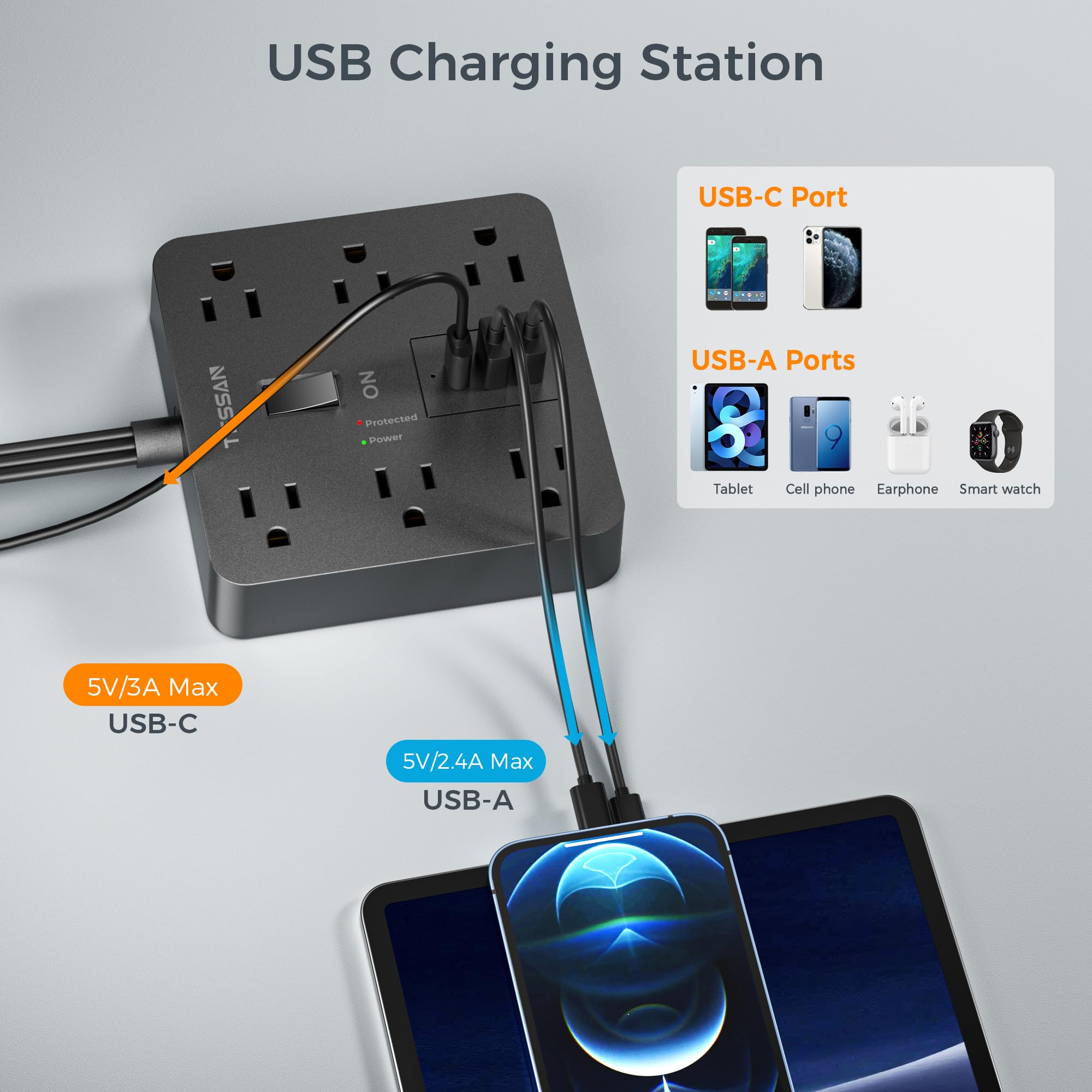 Foto 6 pulgar | Protector Contra Sobretensiones Tessan, 6 Salidas, 3 Usb (1 Usb C) - Venta Internacional.