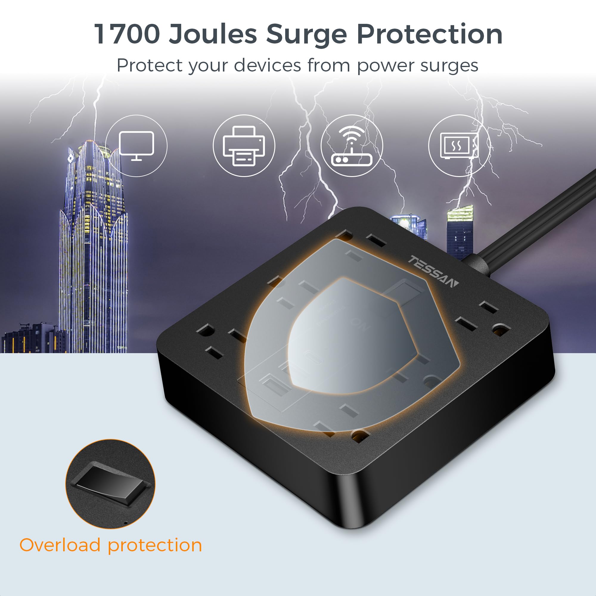 Foto 6 | Protector Contra Sobretensiones Tessan, 6 Salidas, 3 Usb (1 Usb C) - Venta Internacional.