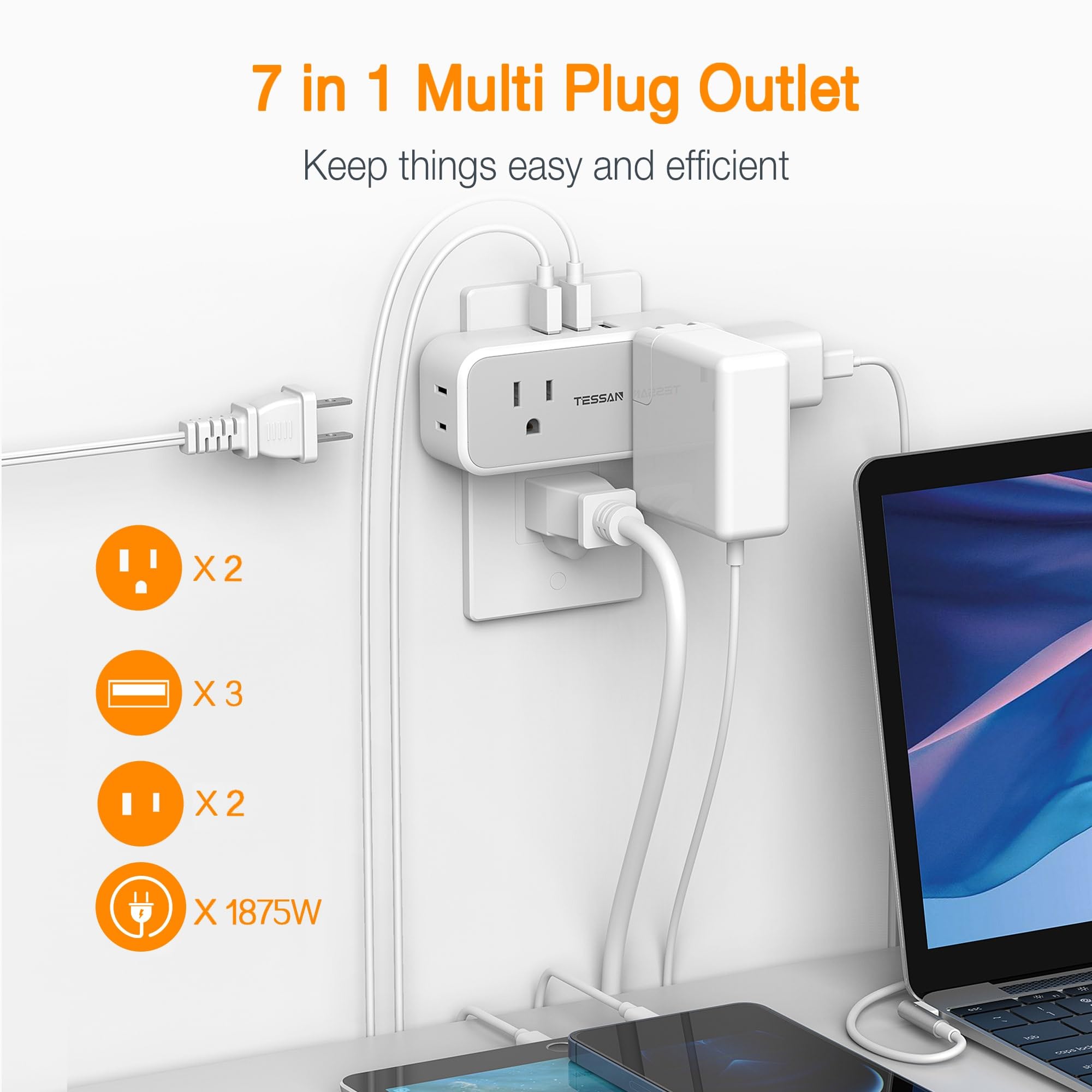 Foto 3 pulgar | Extensor De Enchufe Con Protector Contra Sobretensiones Tessan 7 En 1 Con 4 Salidas, 3 Usb - Venta Internacional.