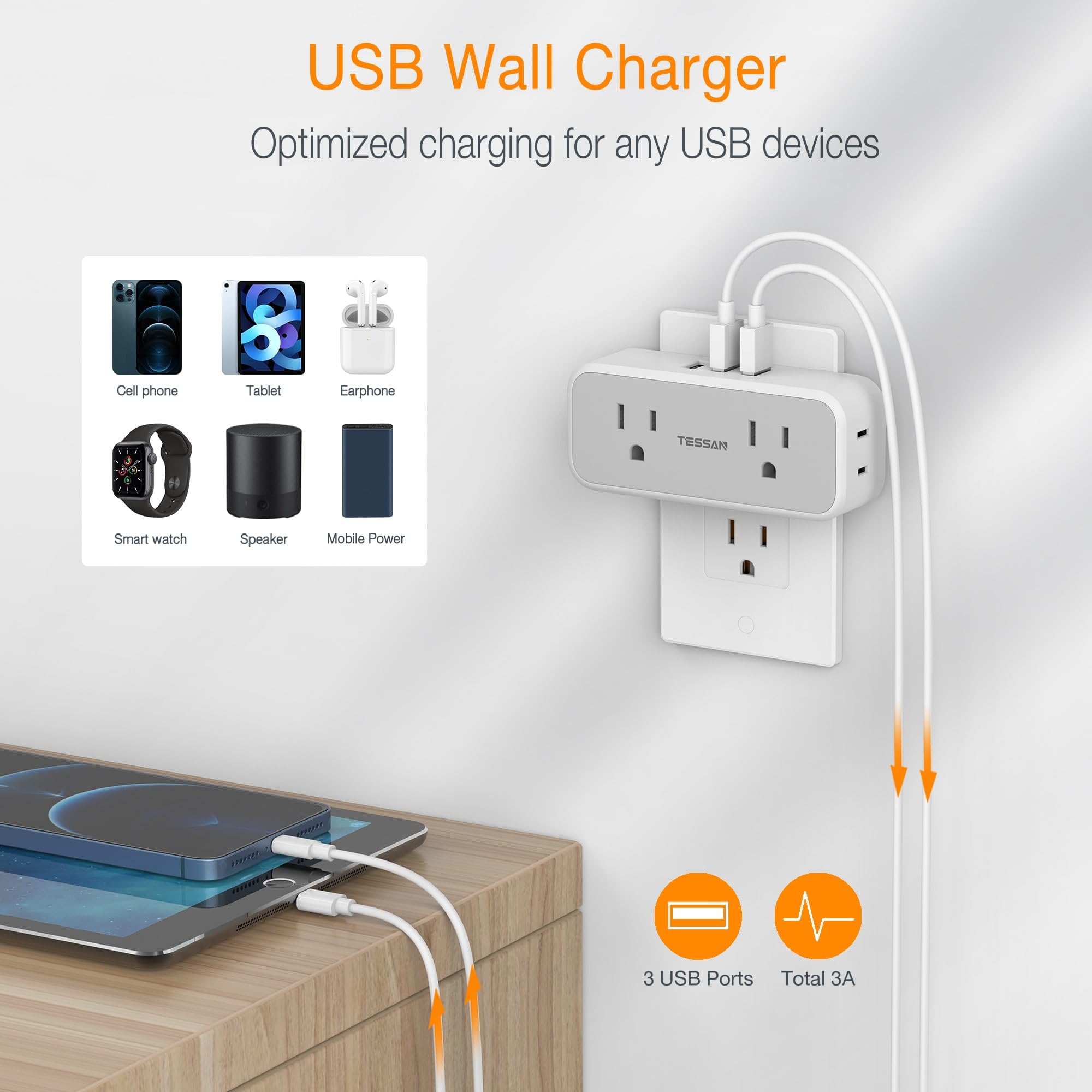 Foto 3 | Extensor De Enchufe Con Protector Contra Sobretensiones Tessan 7 En 1 Con 4 Salidas, 3 Usb - Venta Internacional.