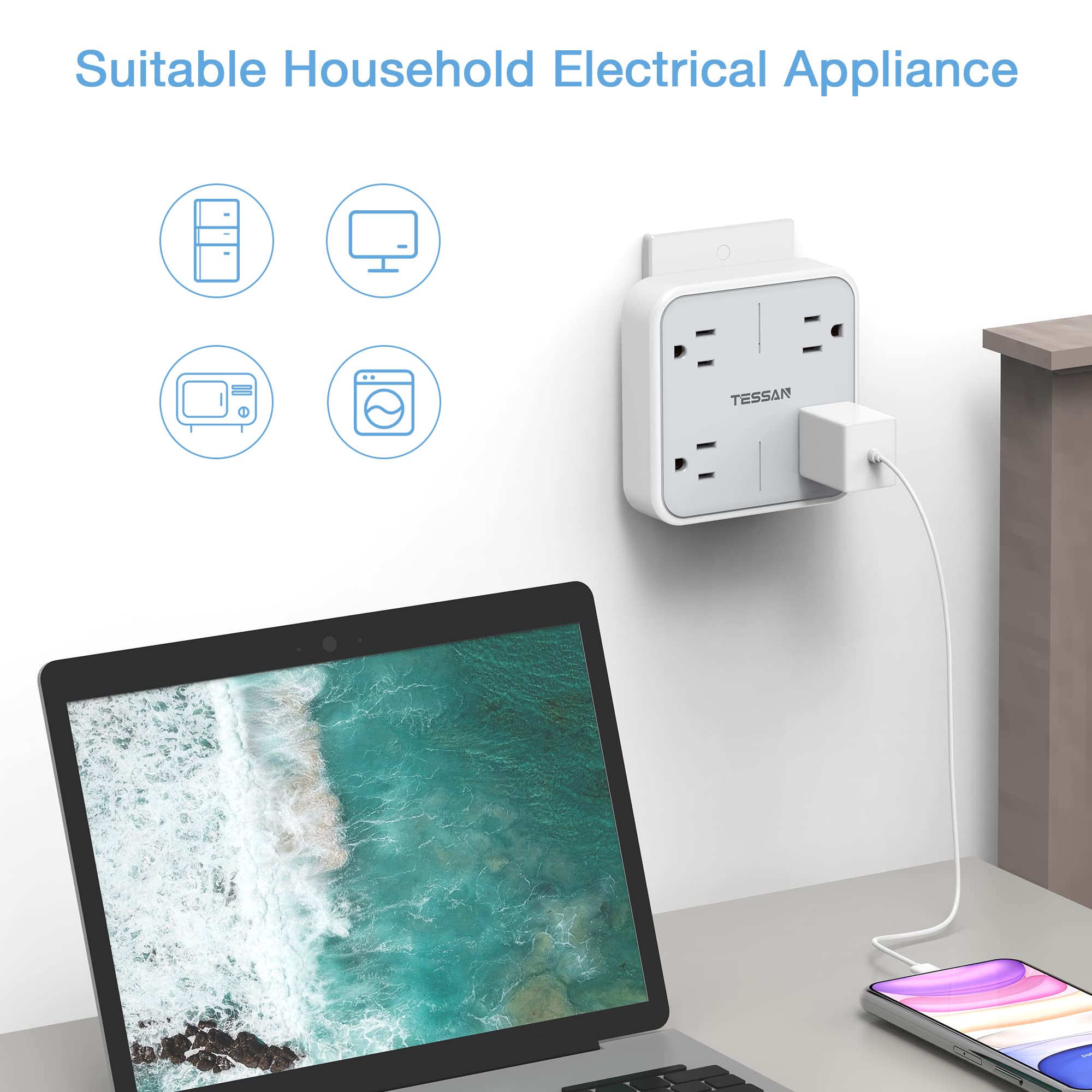 Foto 5 pulgar | Divisor De Enchufe Múltiple Tessan Con 4 Salidas 125v 13a 1625w - Venta Internacional.