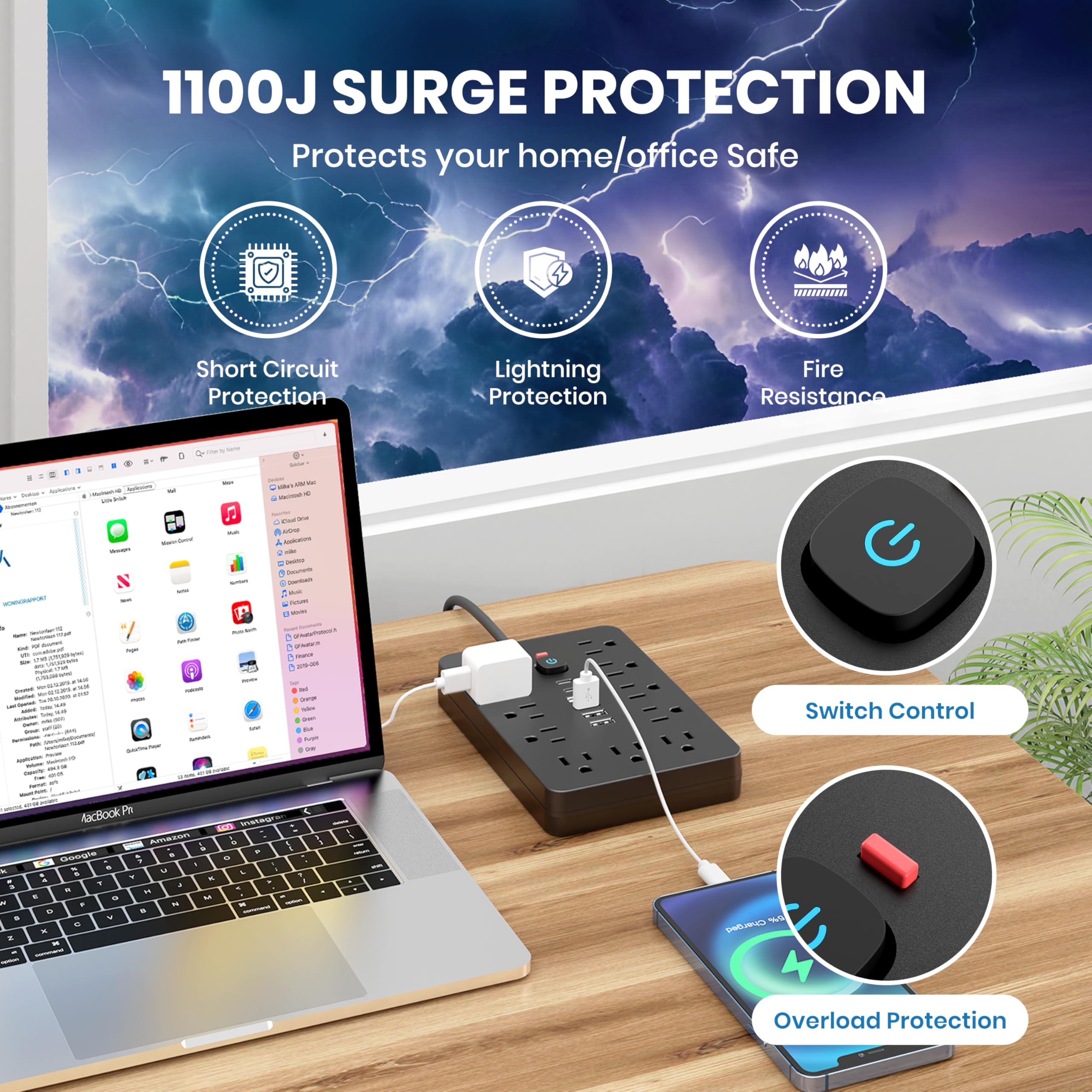 Foto 5 | Protector Contra Sobretensiones Power Strip Jouleloom, 11 Salidas, 4 Usb, 2 Usb C - Venta Internacional.