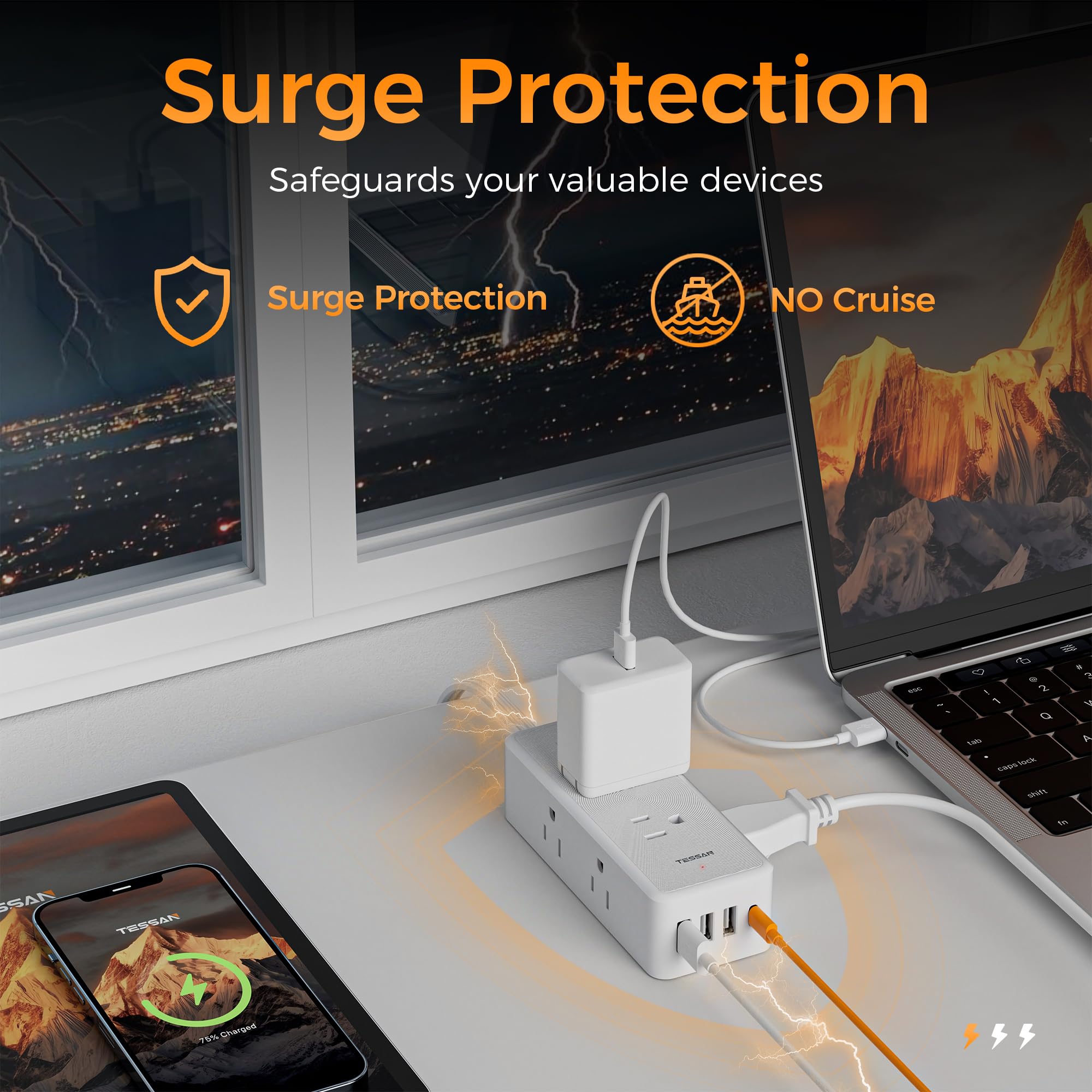 Foto 4 | Protector Contra Sobretensiones Tessan, Ultradelgado, 1,5 M, Con 6 Enchufes - Venta Internacional.
