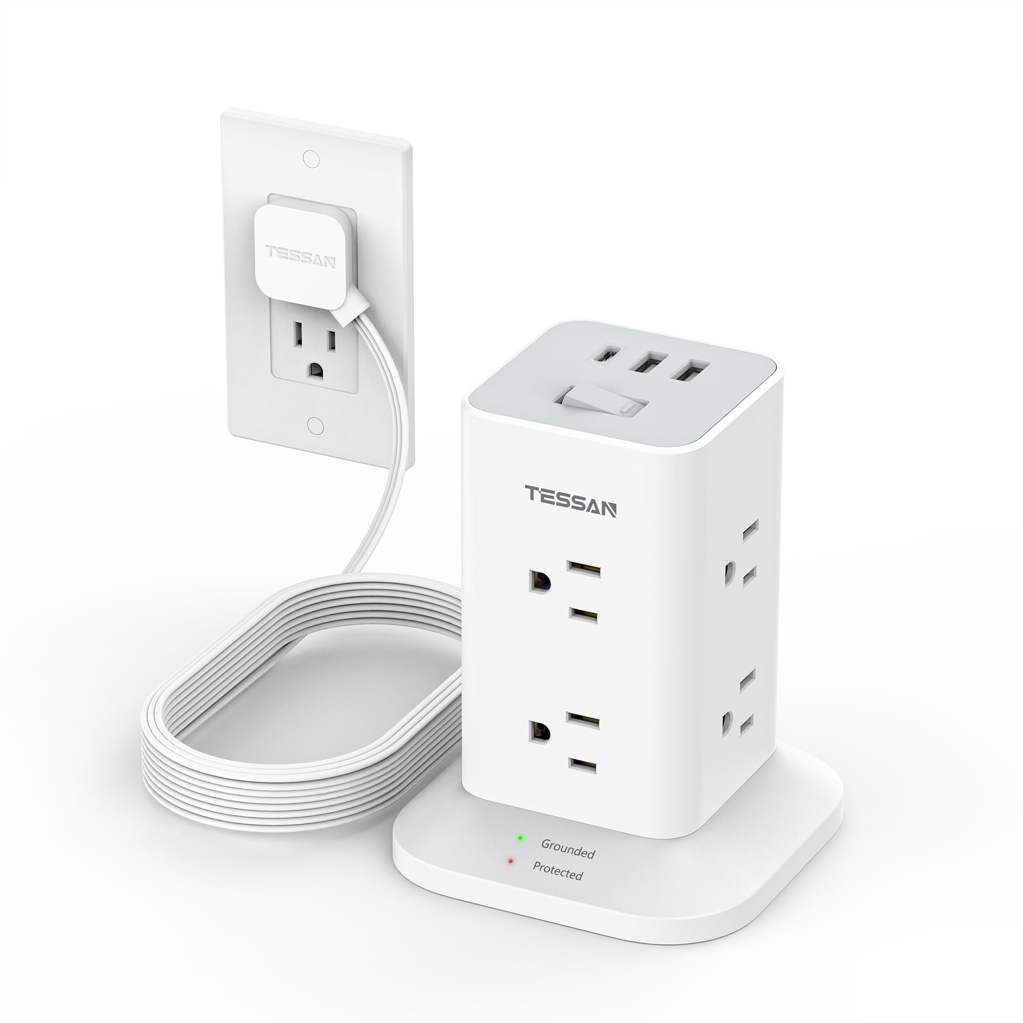 Protector Contra Sobretensiones Power Strip Tower Tessan De 10 Pies Con 8 Ac, 3 Usb - Venta Internacional.