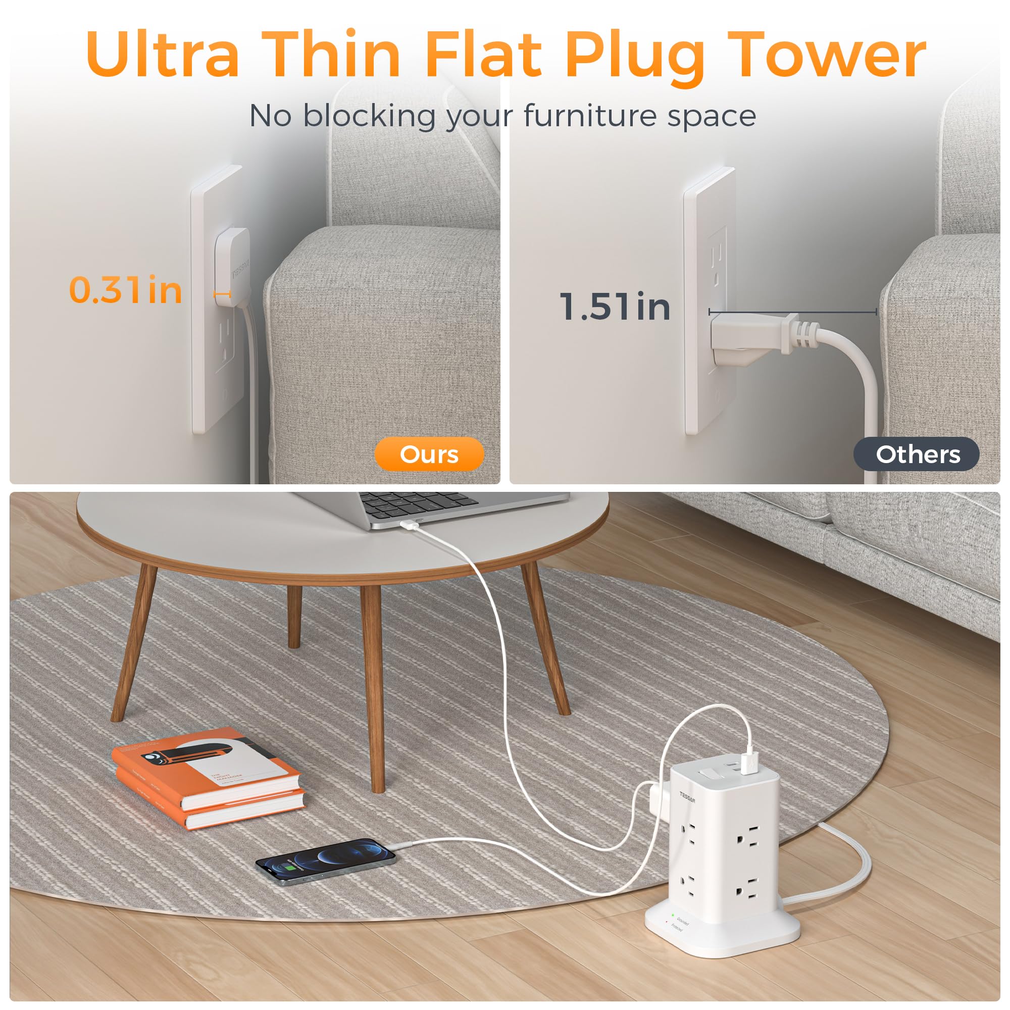 Foto 3 pulgar | Protector Contra Sobretensiones Power Strip Tower Tessan De 10 Pies Con 8 Ac, 3 Usb - Venta Internacional.