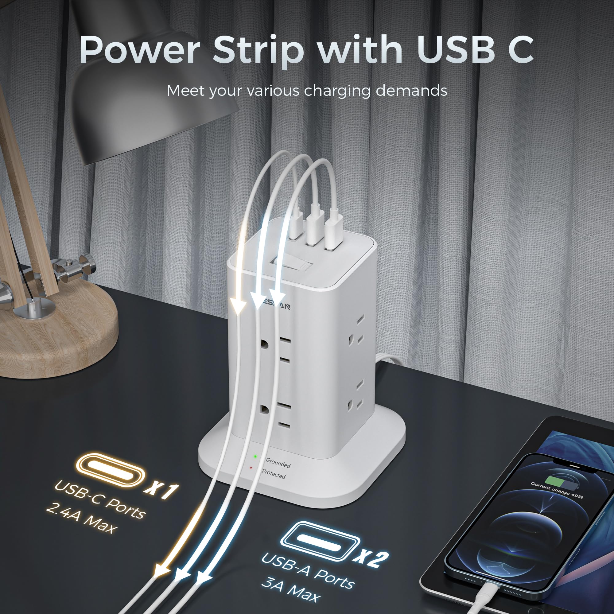 Foto 4 pulgar | Protector Contra Sobretensiones Power Strip Tower Tessan De 10 Pies Con 8 Ac, 3 Usb - Venta Internacional.