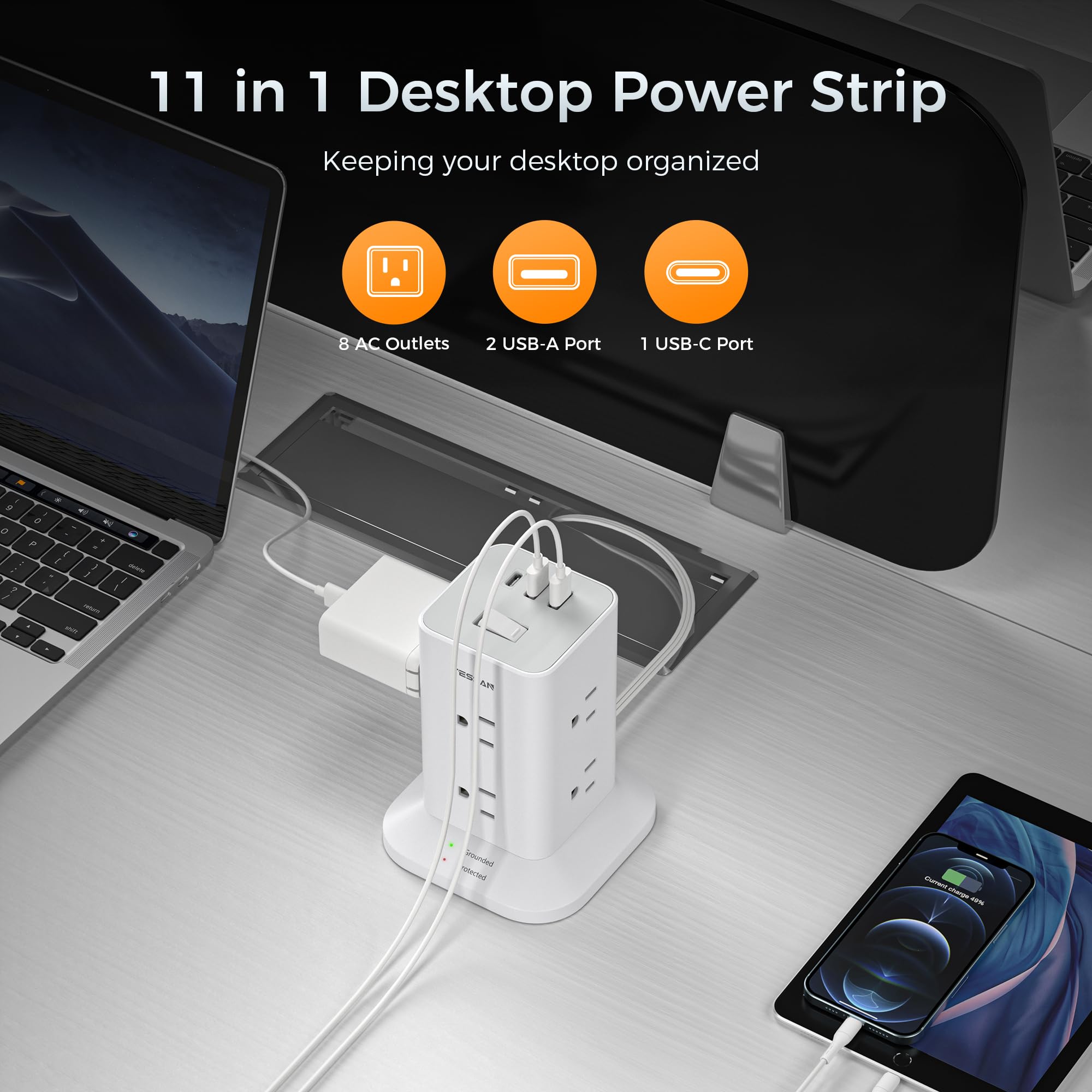 Foto 5 pulgar | Protector Contra Sobretensiones Power Strip Tower Tessan De 10 Pies Con 8 Ac, 3 Usb - Venta Internacional.