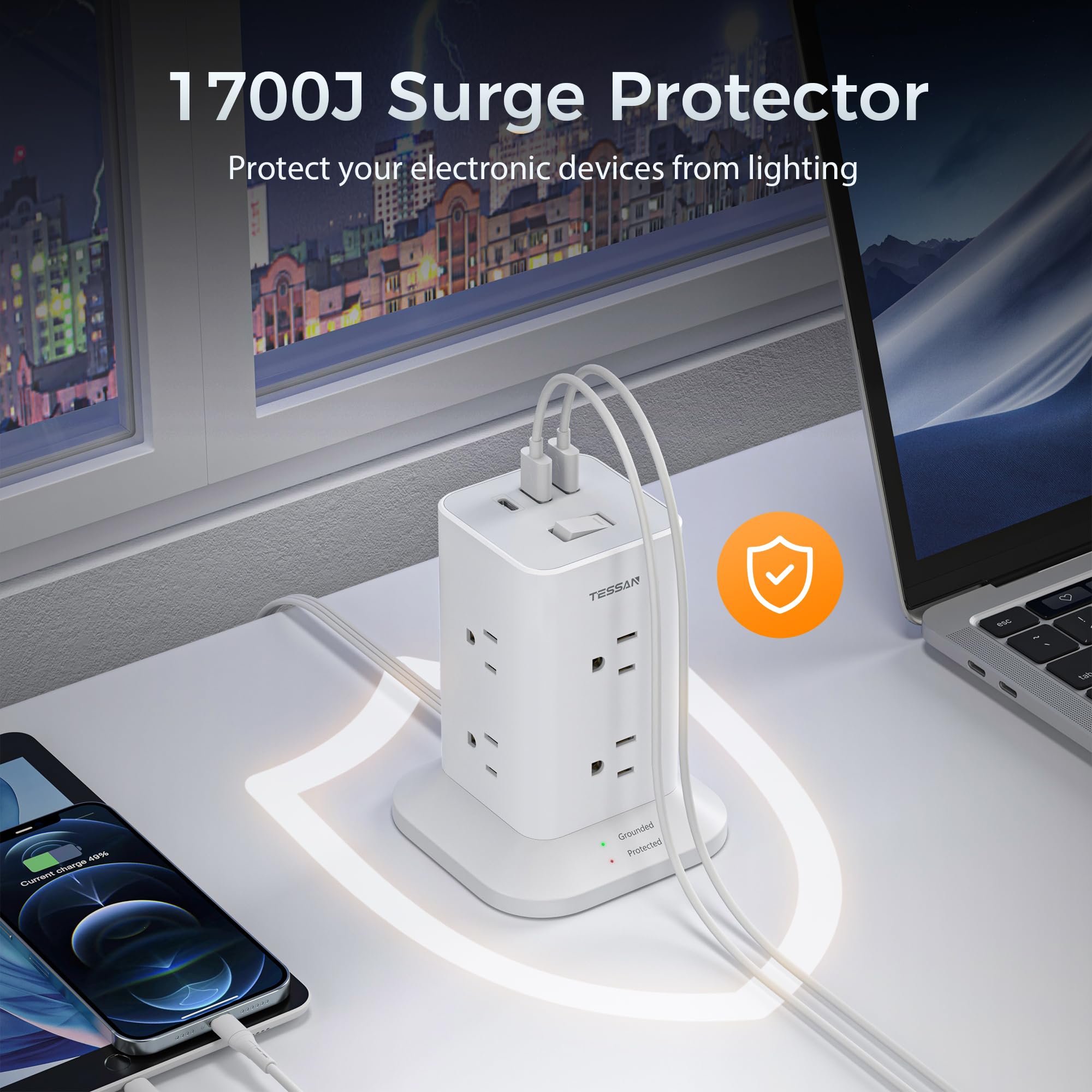Foto 6 pulgar | Protector Contra Sobretensiones Power Strip Tower Tessan De 10 Pies Con 8 Ac, 3 Usb - Venta Internacional.