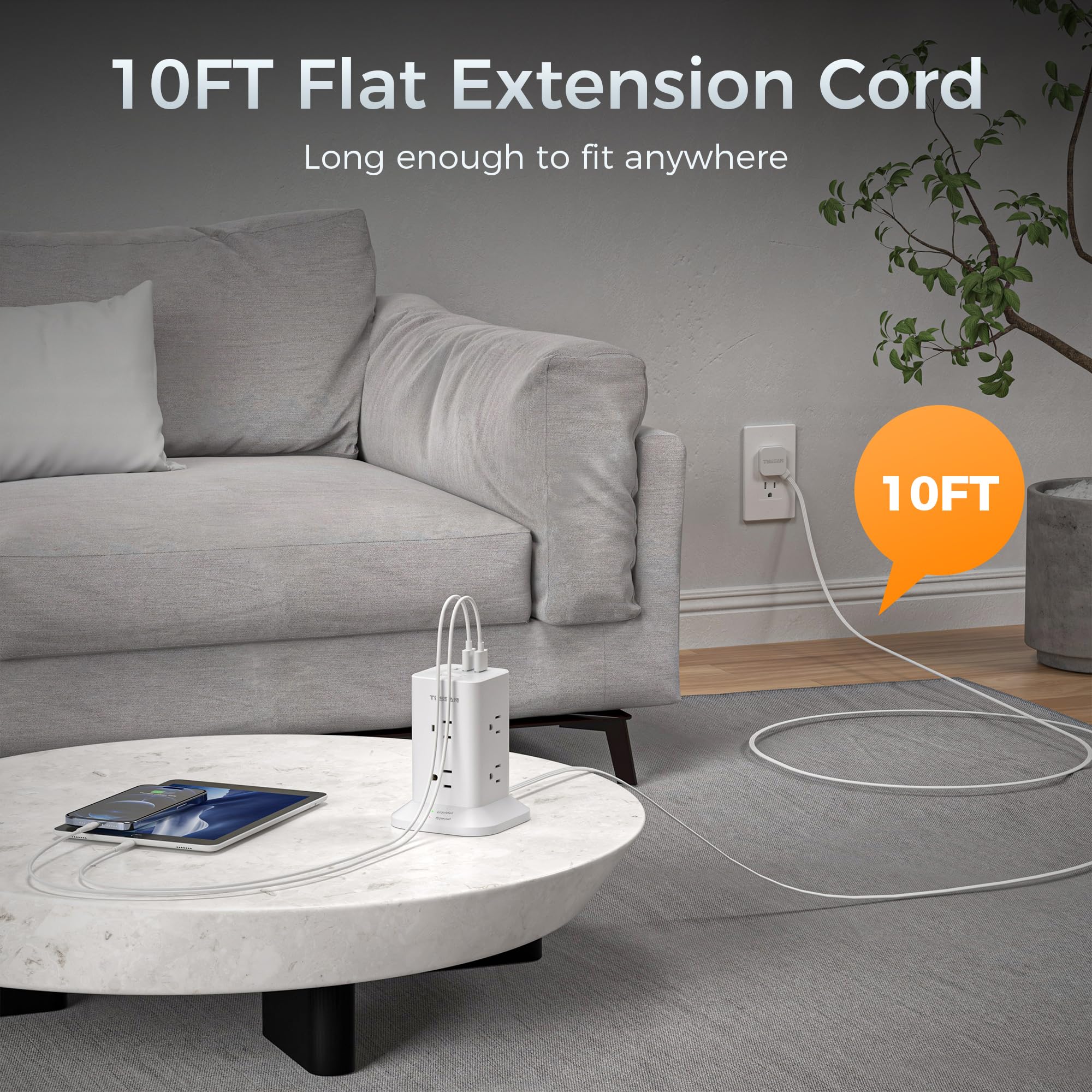 Foto 7 pulgar | Protector Contra Sobretensiones Power Strip Tower Tessan De 10 Pies Con 8 Ac, 3 Usb - Venta Internacional.