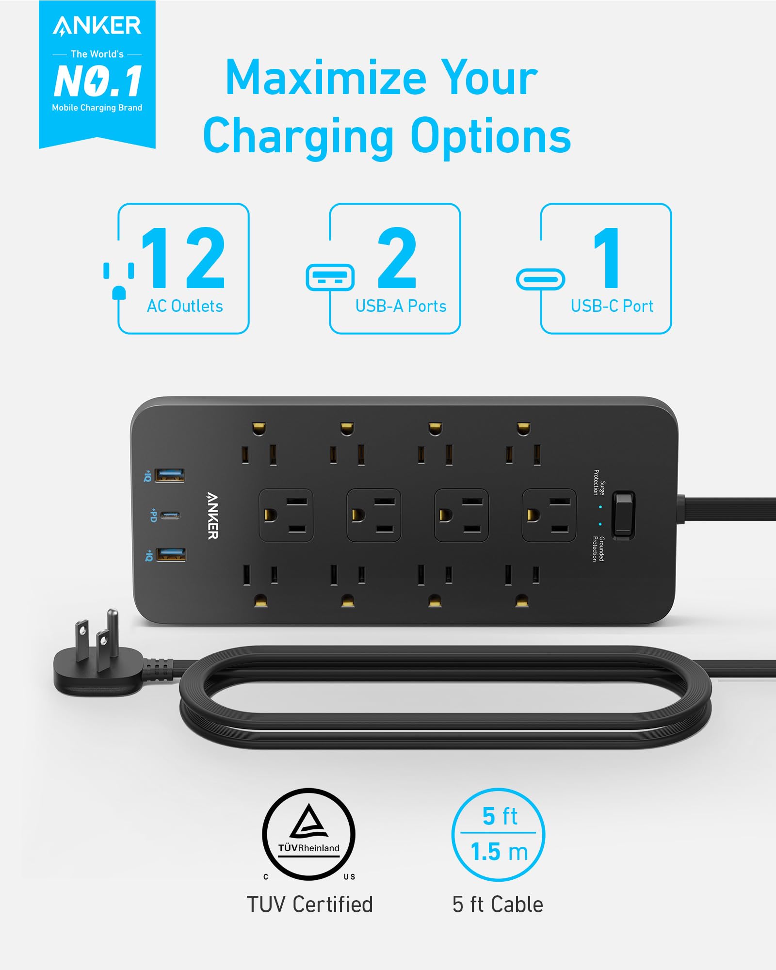 Foto 3 pulgar | Protector Contra Sobretensiones Power Strip Anker, 12 Tomas De Corriente Alterna, 1 Usb-c, 2 Usb - Venta Internacional.