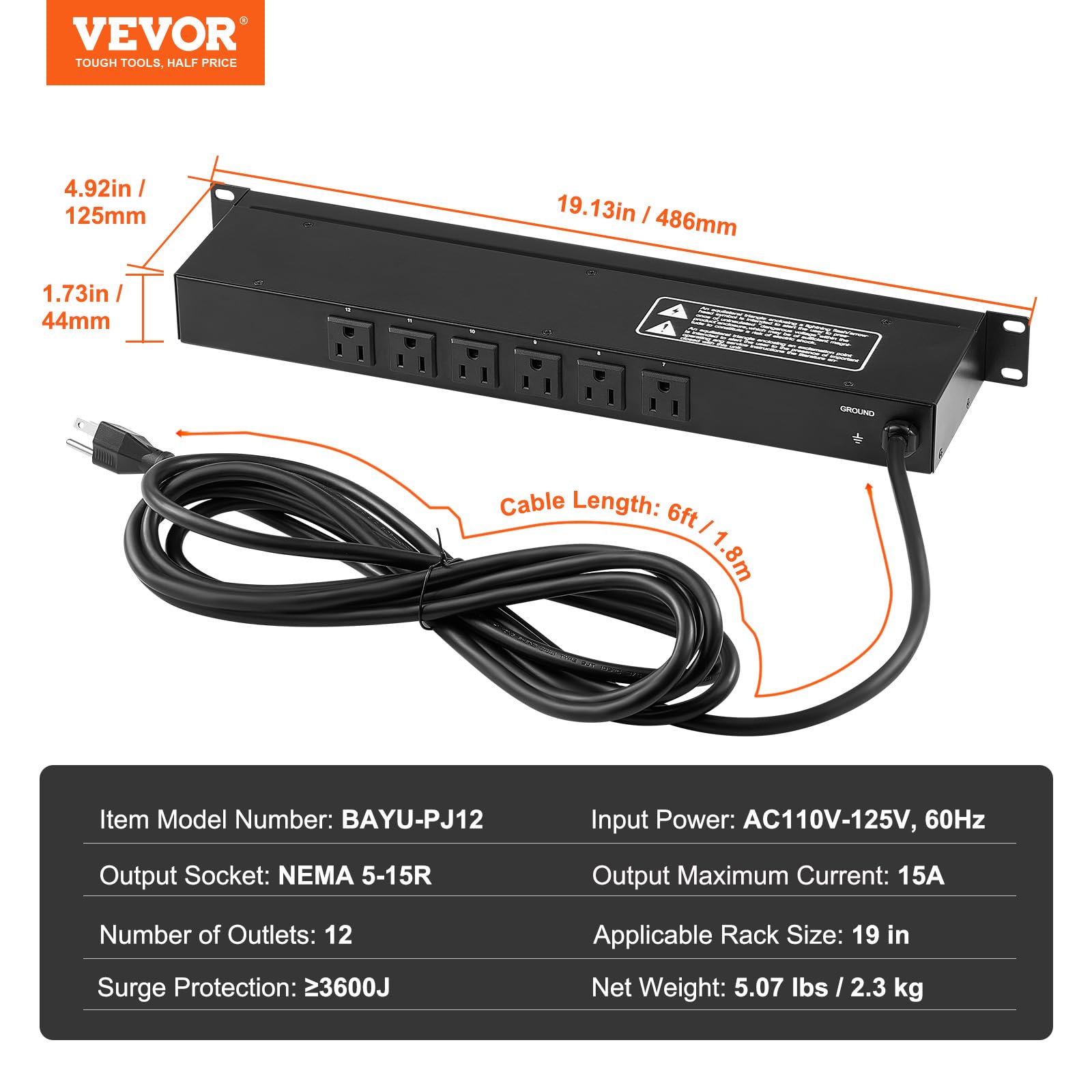 Foto 8 pulgar | Power Strip Vevor, 12 Salidas, Horizontal, 1u, Montaje En Rack, Pdu, 15 A - Venta Internacional.