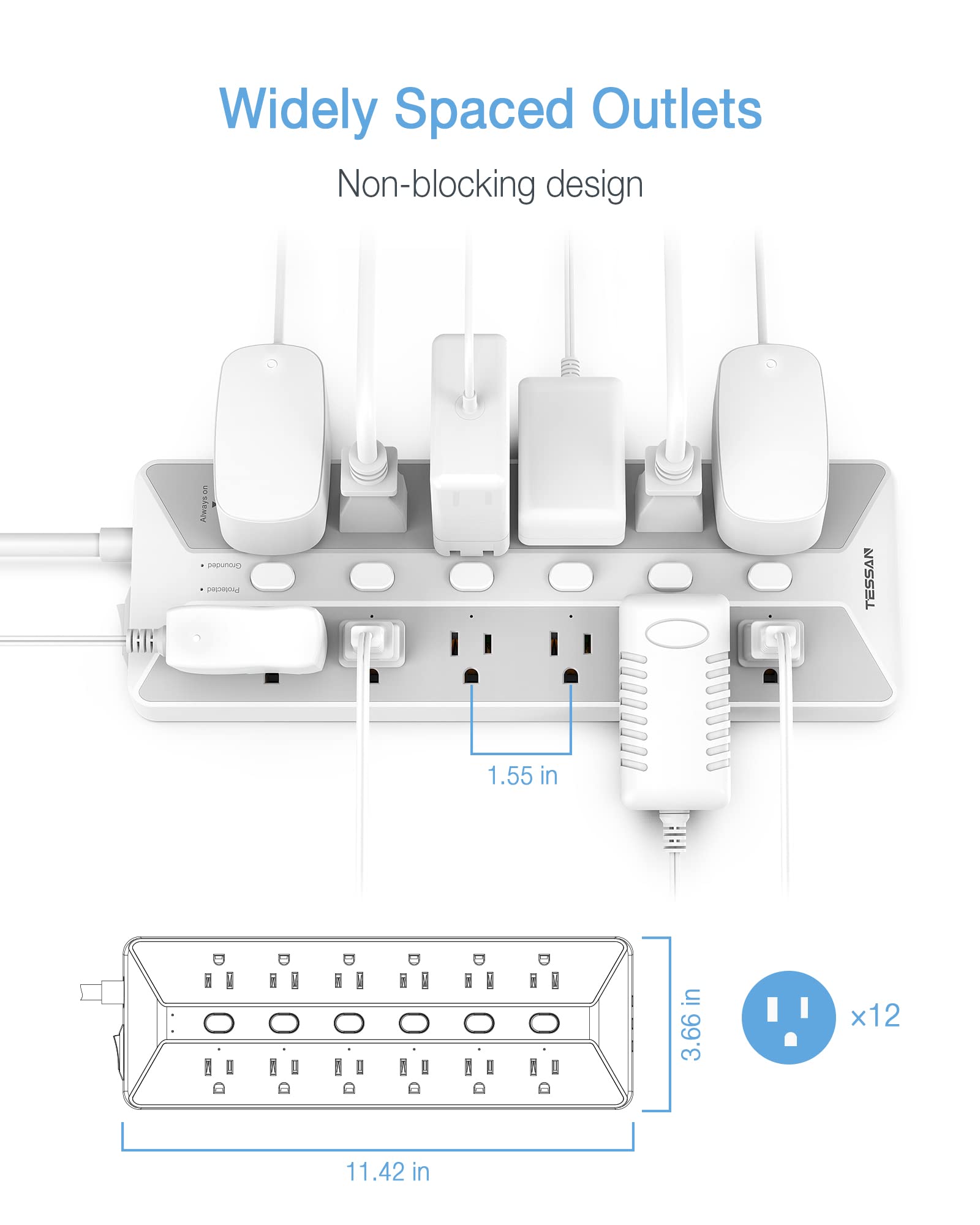 Foto 4 | Power Strip Tessan De 12 Salidas, 3 Puertos Usb De 6 Pies Con Protector Contra Sobretensiones - Venta Internacional.