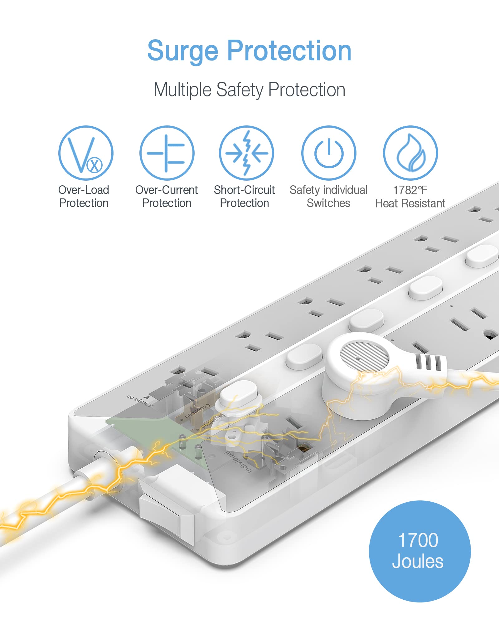 Foto 6 pulgar | Power Strip Tessan De 12 Salidas, 3 Puertos Usb De 6 Pies Con Protector Contra Sobretensiones - Venta Internacional.