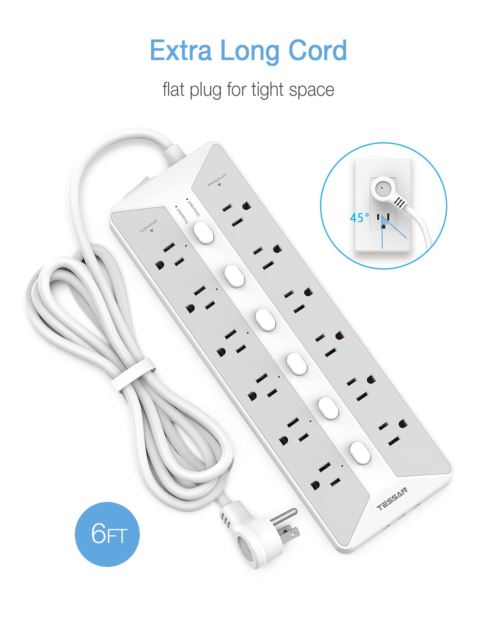 Foto 6 | Power Strip Tessan De 12 Salidas, 3 Puertos Usb De 6 Pies Con Protector Contra Sobretensiones - Venta Internacional.