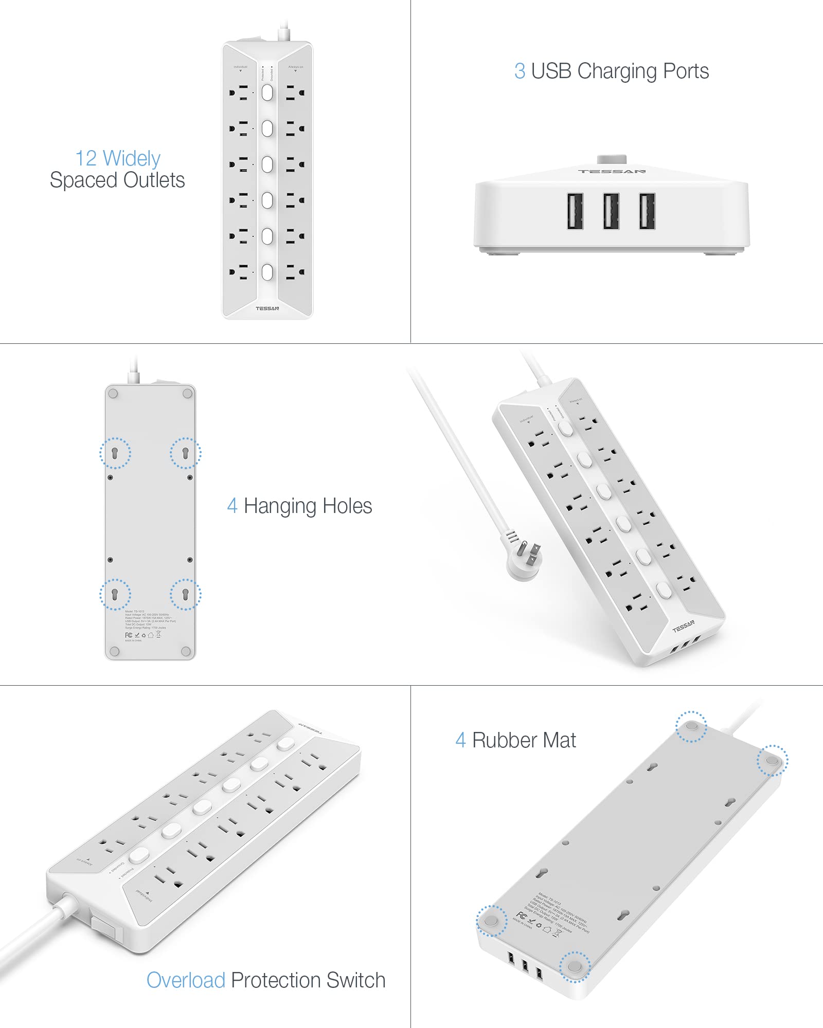 Foto 8 pulgar | Power Strip Tessan De 12 Salidas, 3 Puertos Usb De 6 Pies Con Protector Contra Sobretensiones - Venta Internacional.