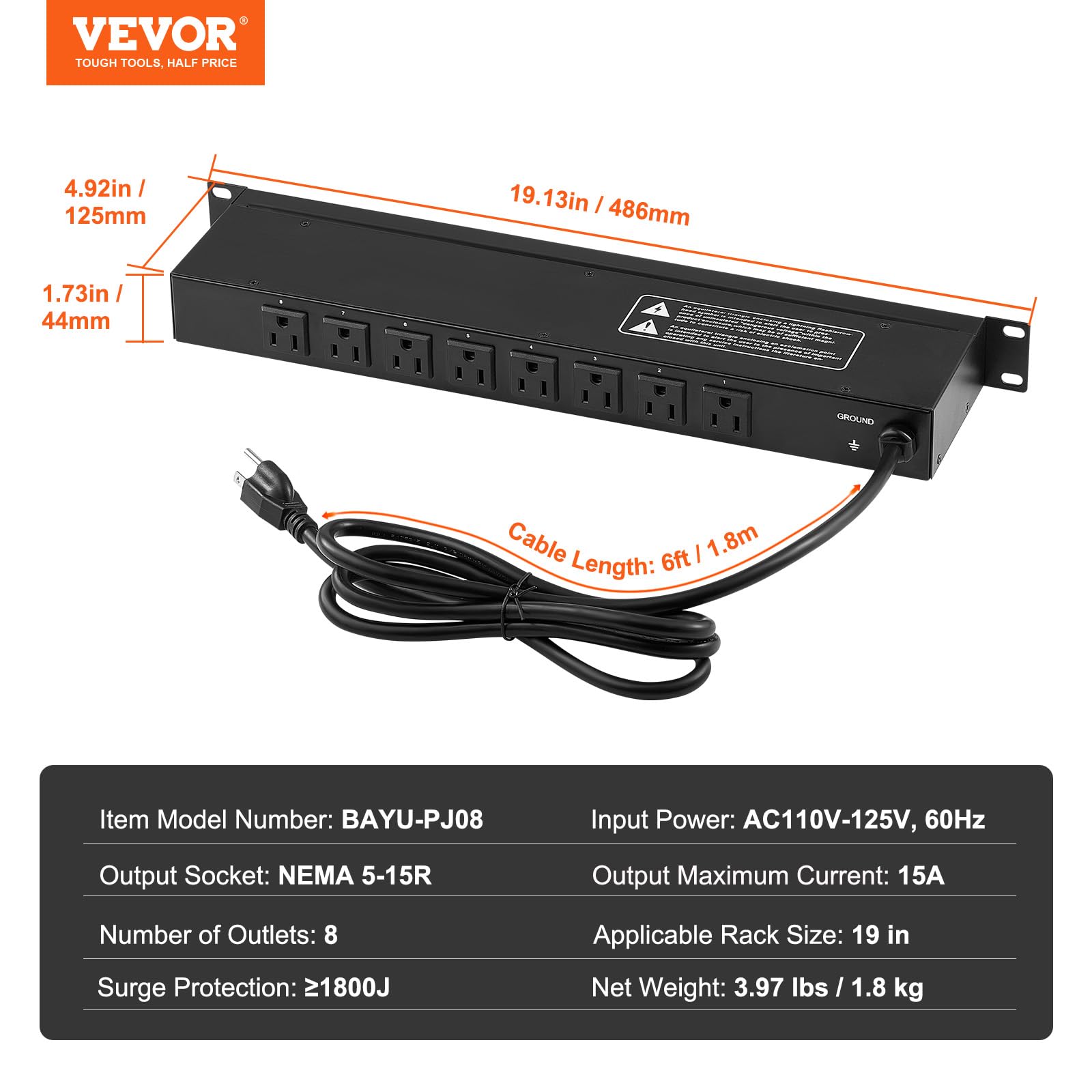Foto 8 pulgar | Pdu Power Strip Vevor De 8 Salidas Y 1u Para Montaje En Rack Con Protección Contra Sobretensiones. - Venta Internacion