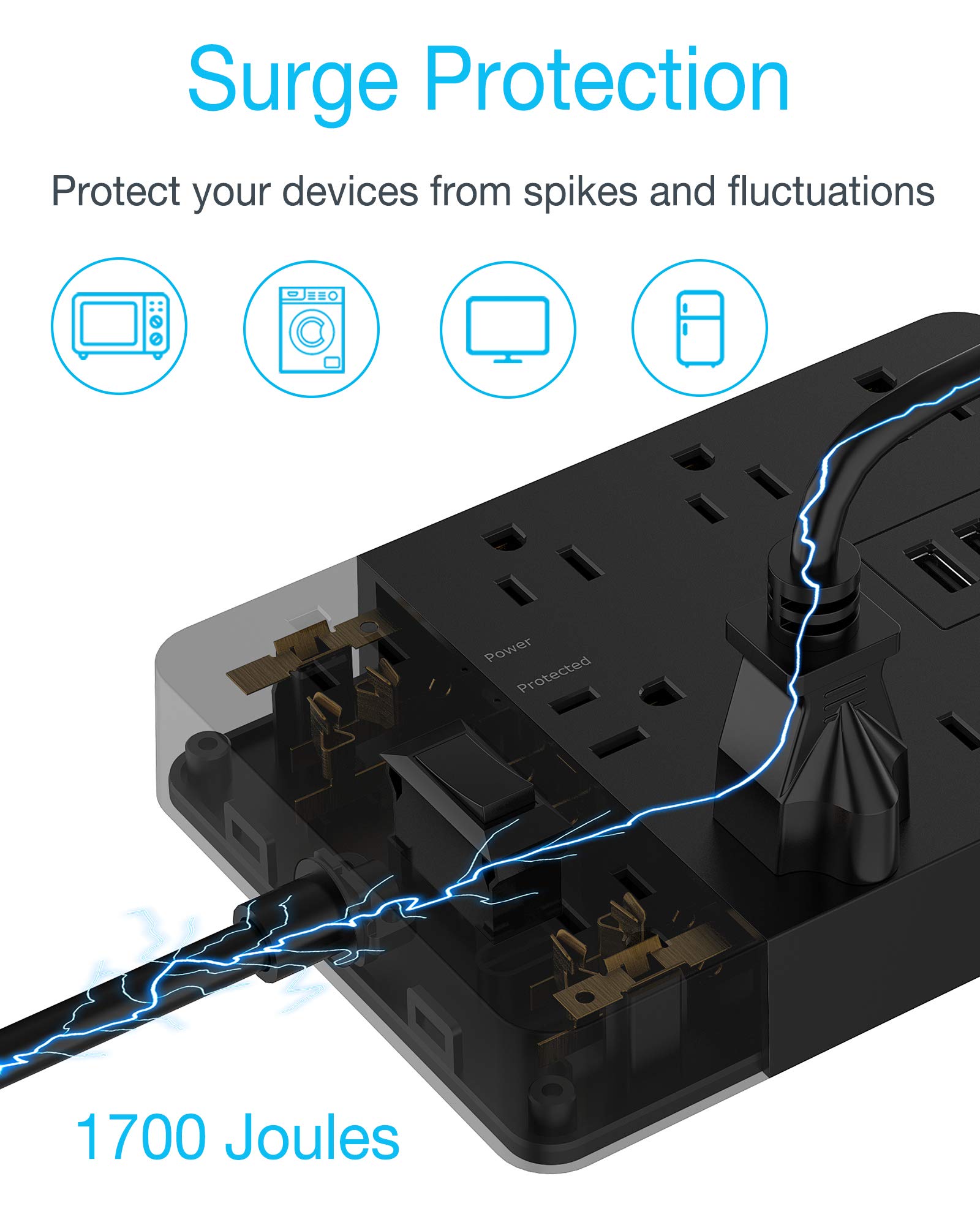 Foto 3 pulgar | Cable De Extensión Para Protección Contra Sobretensiones Tessan De 3 M Con 10 Salidas, 3 Usb - Venta Internacional.
