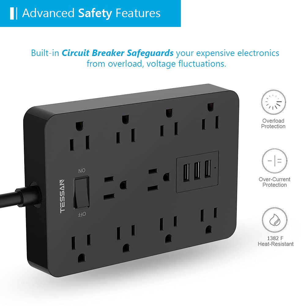 Foto 4 pulgar | Cable De Extensión Para Protección Contra Sobretensiones Tessan De 3 M Con 10 Salidas, 3 Usb - Venta Internacional.