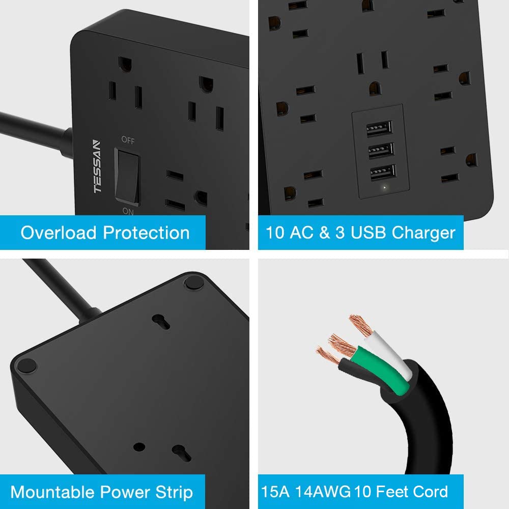 Foto 8 pulgar | Cable De Extensión Para Protección Contra Sobretensiones Tessan De 3 M Con 10 Salidas, 3 Usb - Venta Internacional.