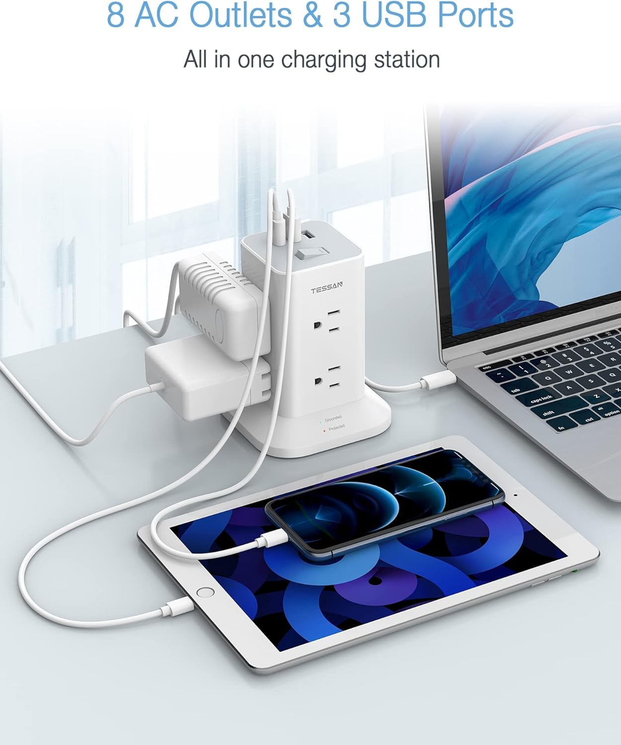 Foto 3 pulgar | Power Strip Tower Tessan De 8 Salidas Y 3 Cargadores Usb 1700j Surge - Venta Internacional.