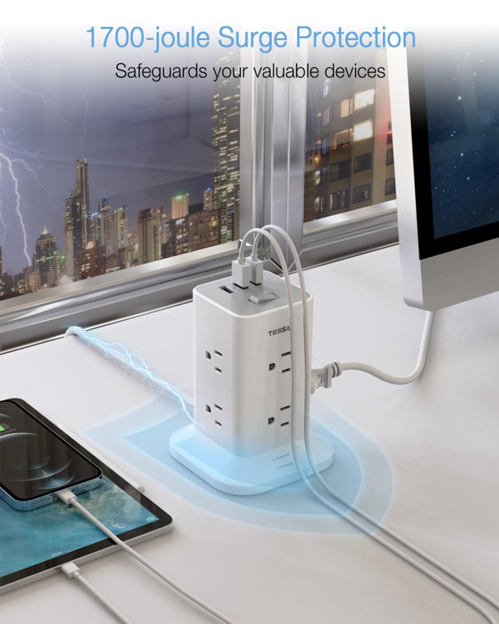 Foto 4 pulgar | Power Strip Tower Tessan De 8 Salidas Y 3 Cargadores Usb 1700j Surge - Venta Internacional.