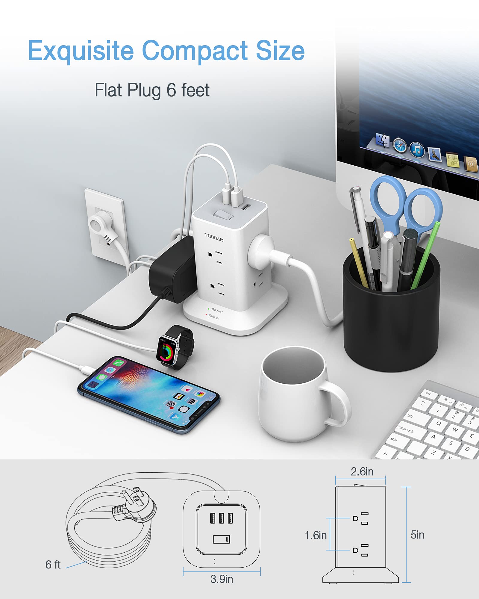 Foto 8 pulgar | Power Strip Tower Tessan De 8 Salidas Y 3 Cargadores Usb 1700j Surge - Venta Internacional.