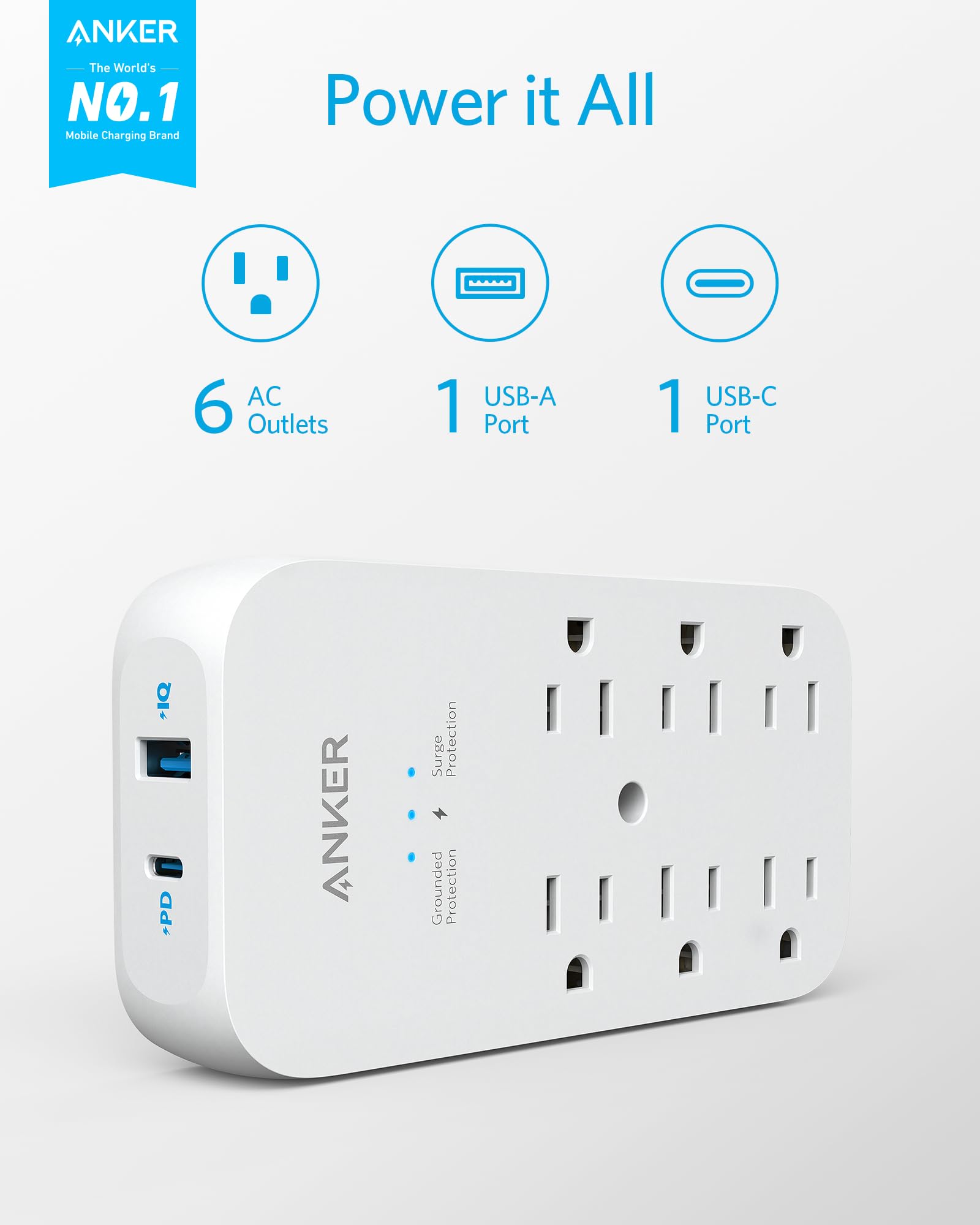 Foto 3 pulgar | Extensor De Toma De Corriente Y Cargador De Pared Usb Anker, 6 Salidas, 2 Usb - Venta Internacional.