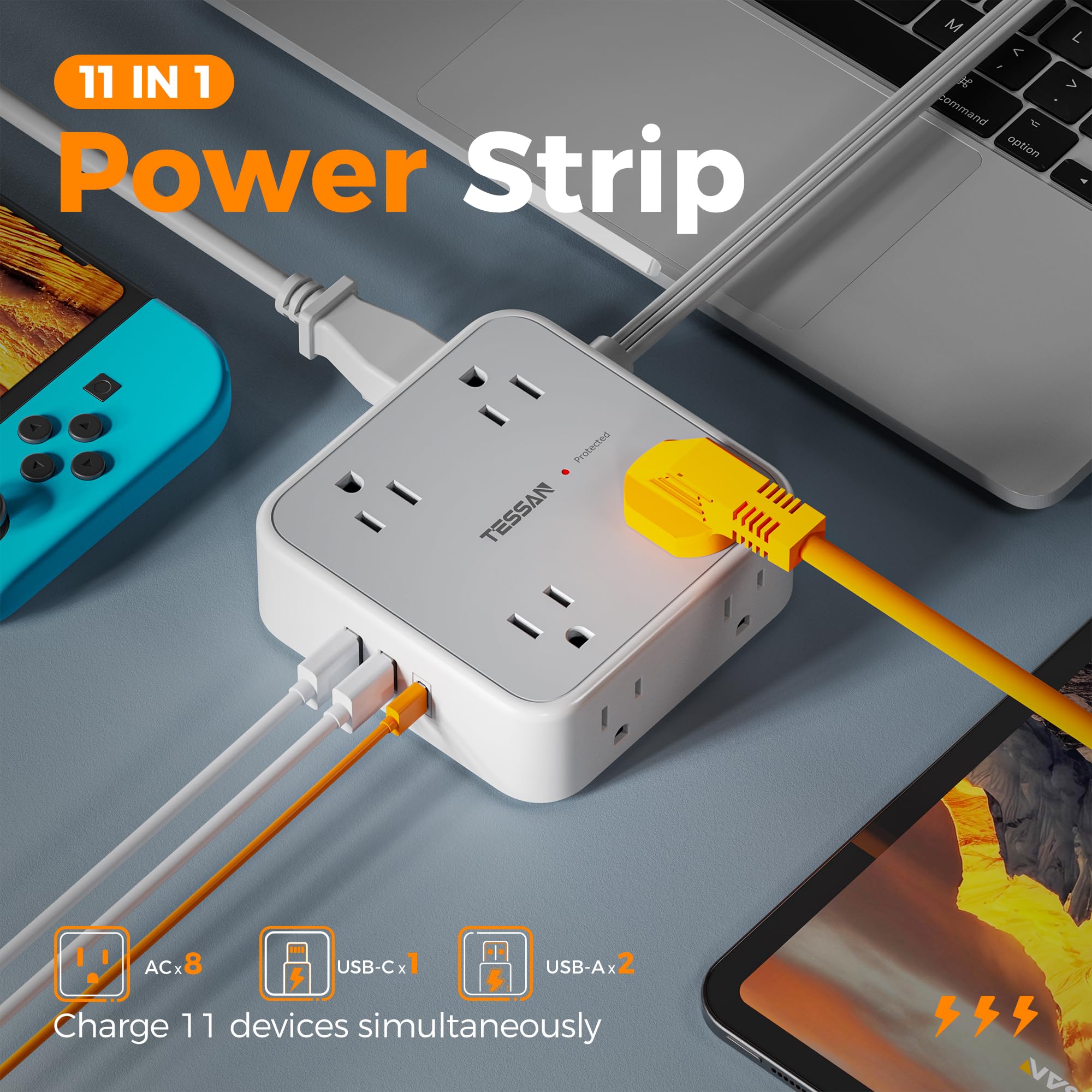 Foto 4 pulgar | Protector Contra Sobretensiones, Regleta Tessan, 8 Salidas Y 3 Puertos Usb - Venta Internacional.
